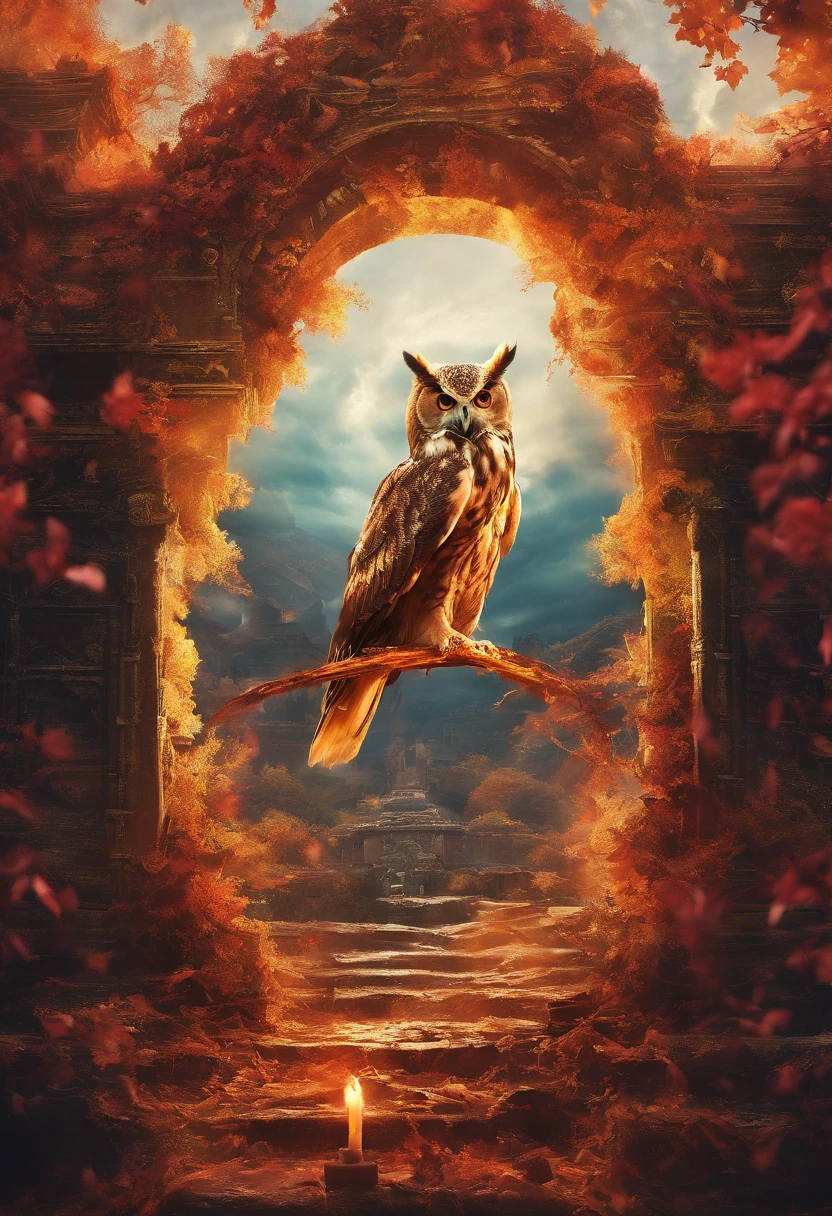 A doomsday scene,Huge owls stand on the ruins of the ancient castle,tosen,Collapsed buildings,Rubble blocks,fire glow,dense smoke,waterface,inverted image,Sharp focus,Bokeh,depth of fields,Works of masters,super-fine,Hyper-realistic,8K,Best picture quality,Detailed description,电影灯光,cinematic perspective