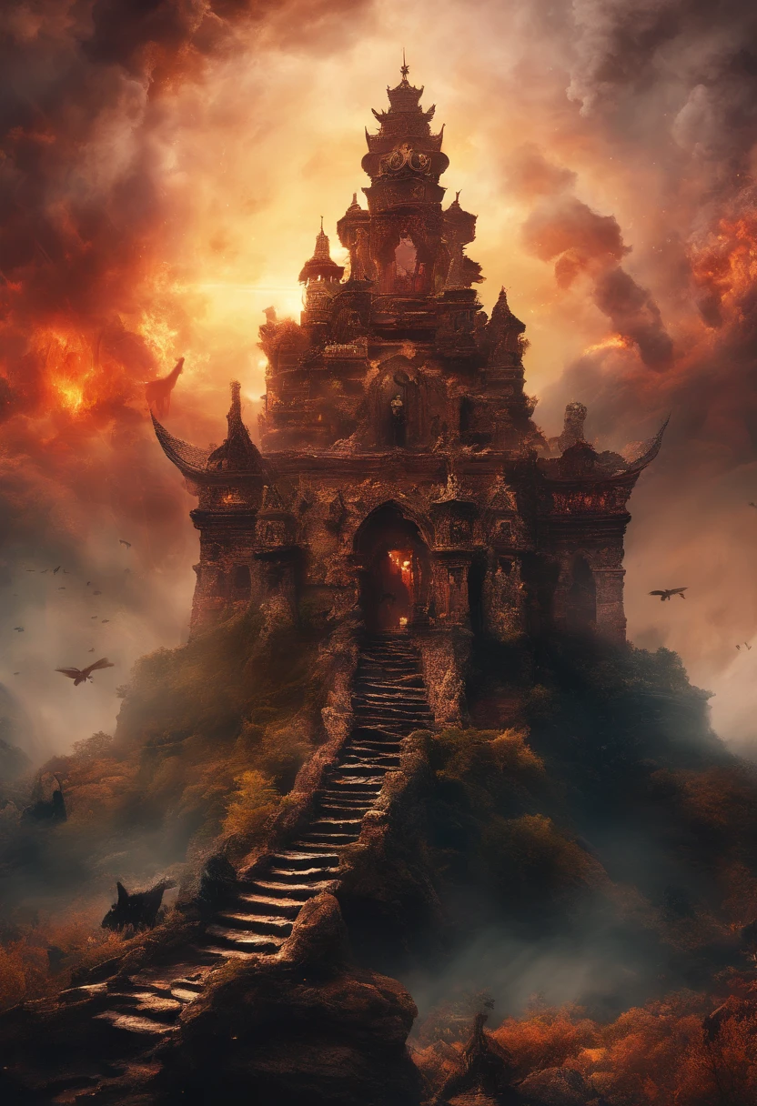 A doomsday scene，Huge owls stand on the ruins of the ancient castle，tosen，Collapsed buildings，Rubble blocks，fire glow，dense smoke，waterface，inverted image，Sharp focus，Bokeh，depth of fields，Works of masters，super-fine，Hyper-realistic，8K，Best picture quality，Detailed description，电影灯光，cinematic perspective