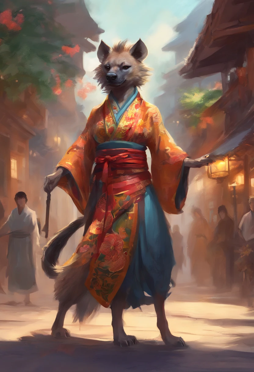 Hyena beastwoman in kimono, in a fighting stance, in a street, to stand,