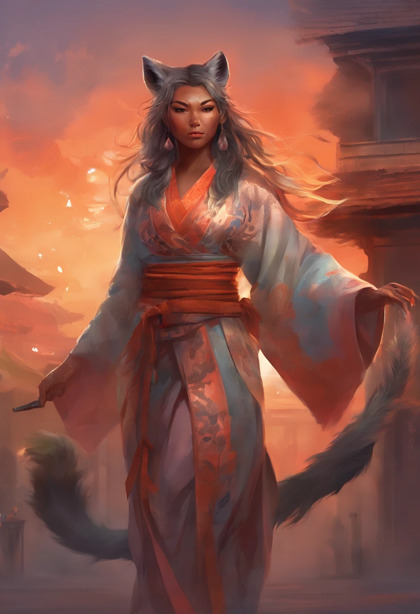 Hyena beastwoman in kimono, in a fighting stance, in a street, to stand,