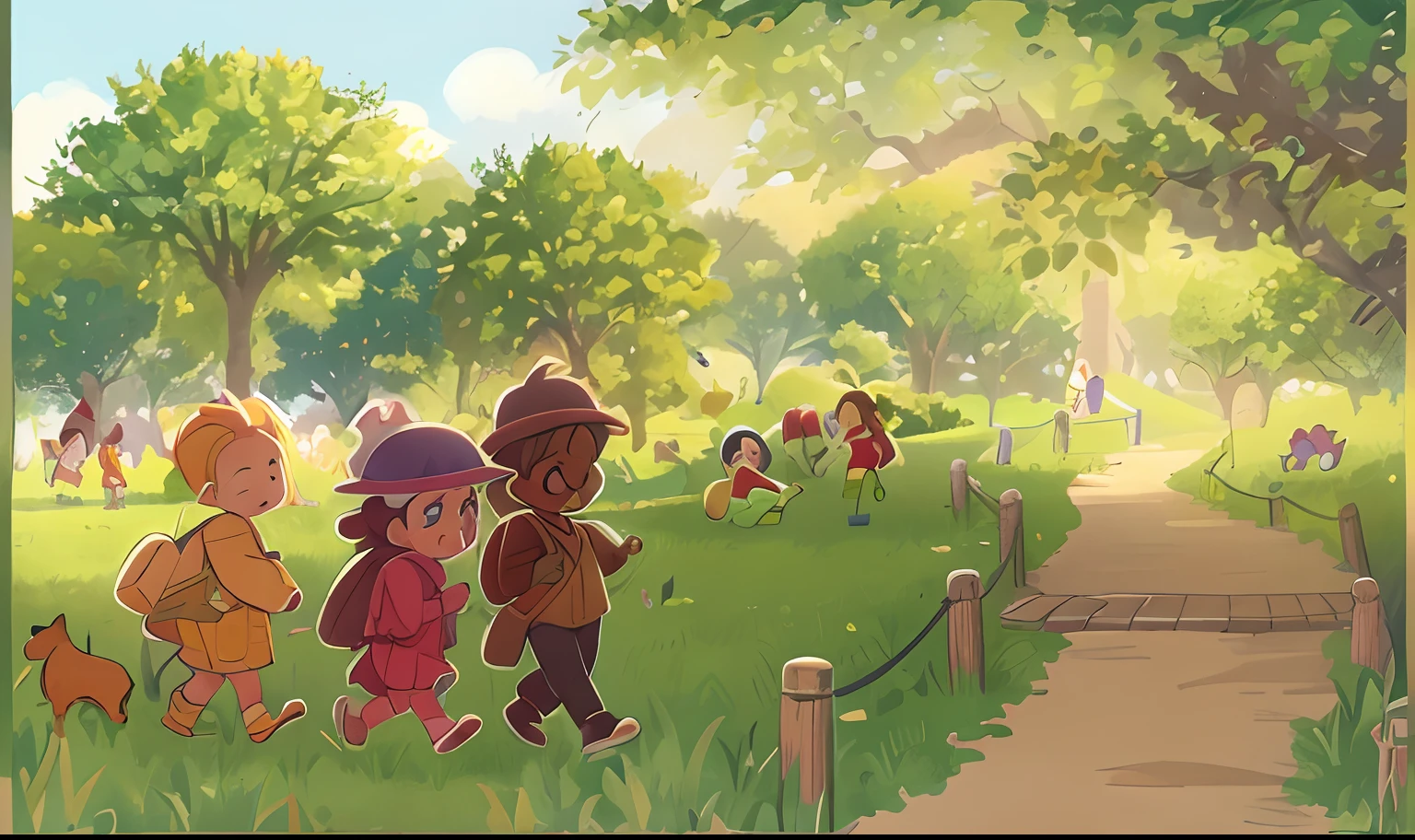 cartoon of a group of children walking down a path in a park, anime illustration, children book illustration, anime background