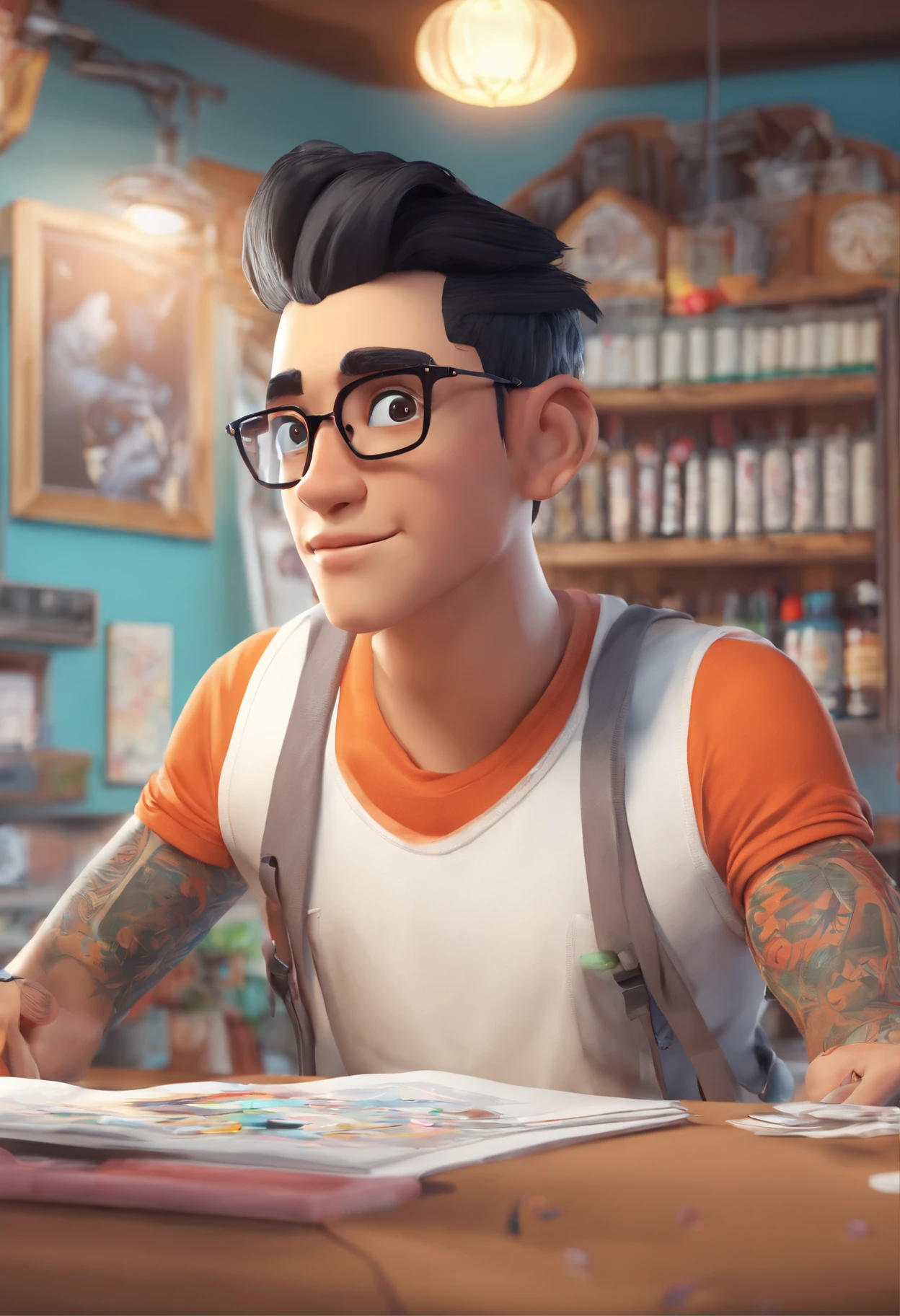 An illustration of a boy with black hair and glasses, They're in a tattoo parlor. Ilustre essa cena de uma perspectiva em que o homem esta tatuando o outro com um desenho em preto e branco. Desenvolva esta arte em Full HD, Focus on your cinematic touch, Estilo Disney Pixar Animations