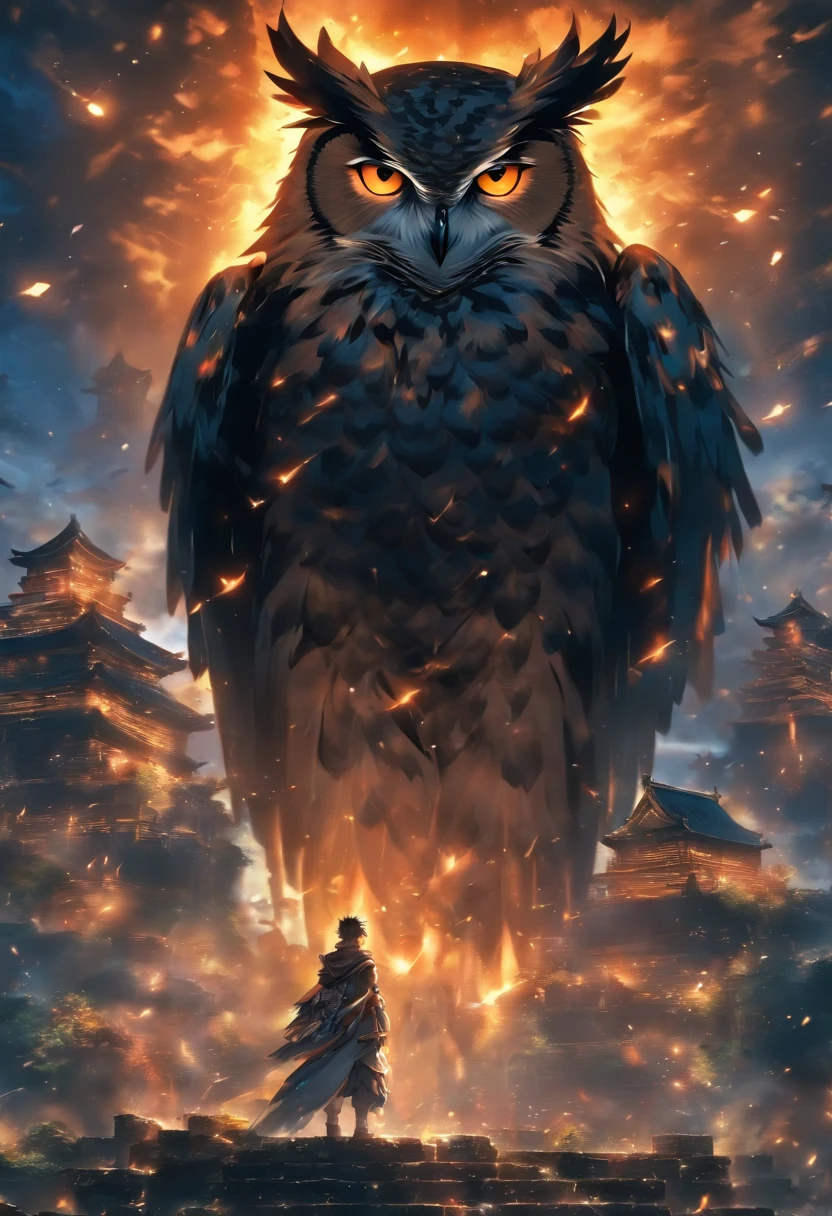 A doomsday scene,Huge owls stand on the ruins of the ancient castle,tosen,Collapsed buildings,Rubble blocks,fire glow,dense smoke,waterface,inverted image,Sharp focus,Bokeh,depth of fields,Works of masters,super-fine,Hyper-realistic,8K,Best picture quality,Detailed description,电影灯光,cinematic perspective
