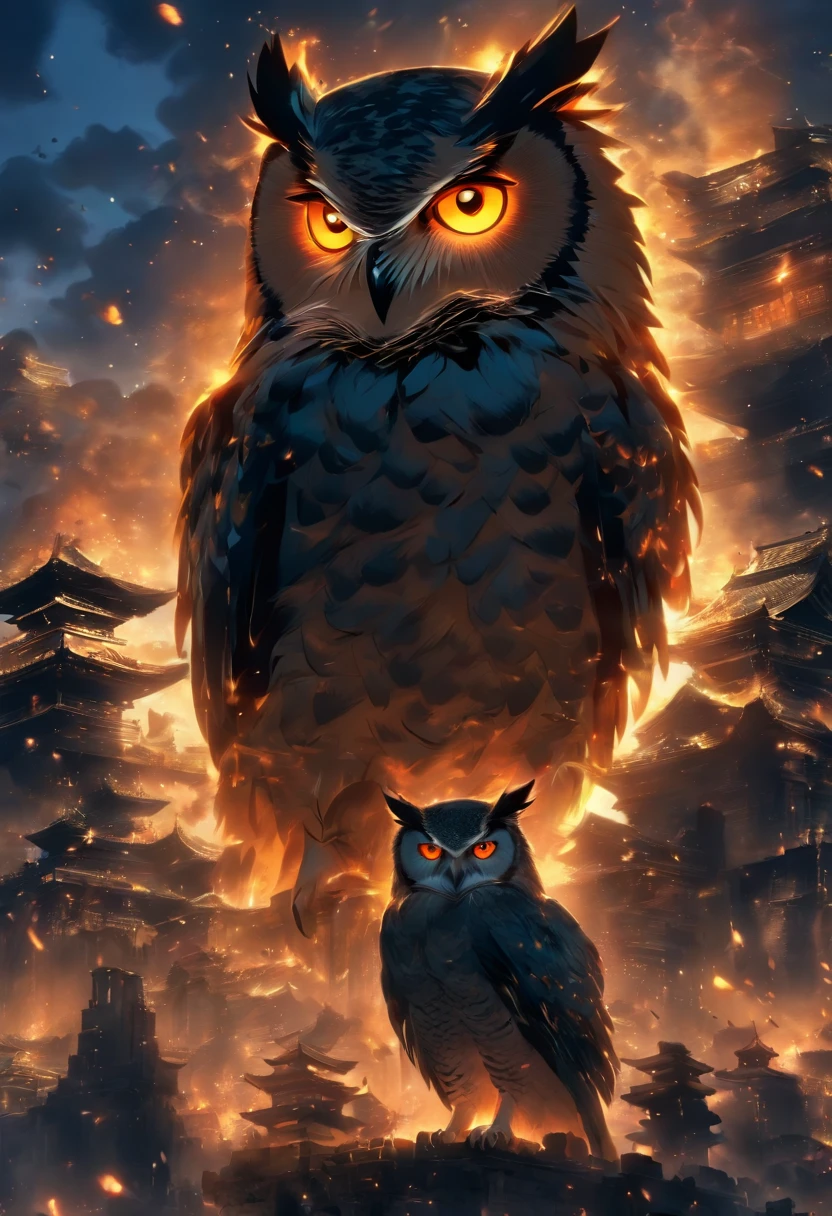 A doomsday scene，Huge owls stand on the ruins of the ancient castle，tosen，Collapsed buildings，Rubble blocks，fire glow，dense smoke，waterface，inverted image，Sharp focus，Bokeh，depth of fields，Works of masters，super-fine，Hyper-realistic，8K，Best picture quality，Detailed description，电影灯光，cinematic perspective