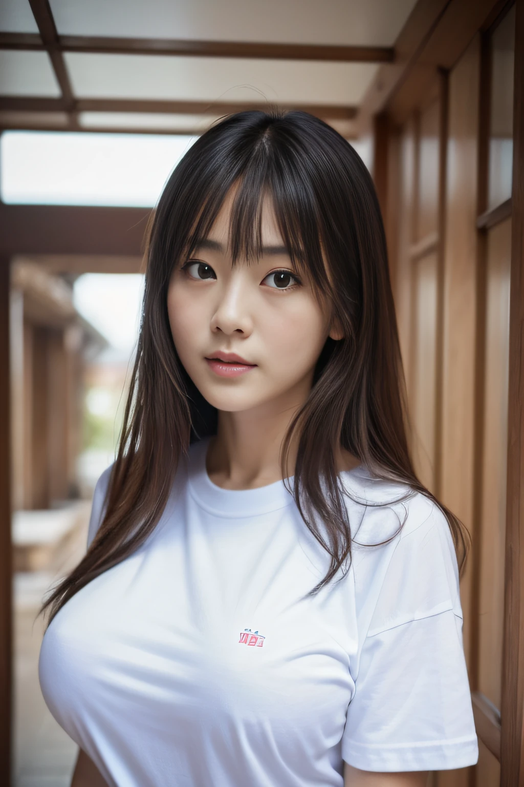 Japan Girl,beautiful girlfriend,a beauty,Raw foto,8K,morning sun lighting,Gray T-shirt and jeans miniskirt,Smooth long hair,A dark-haired,A detailed face,Detailed skin,Detailed eyes,(Slim body:1.3), girl in,About 23 years old,