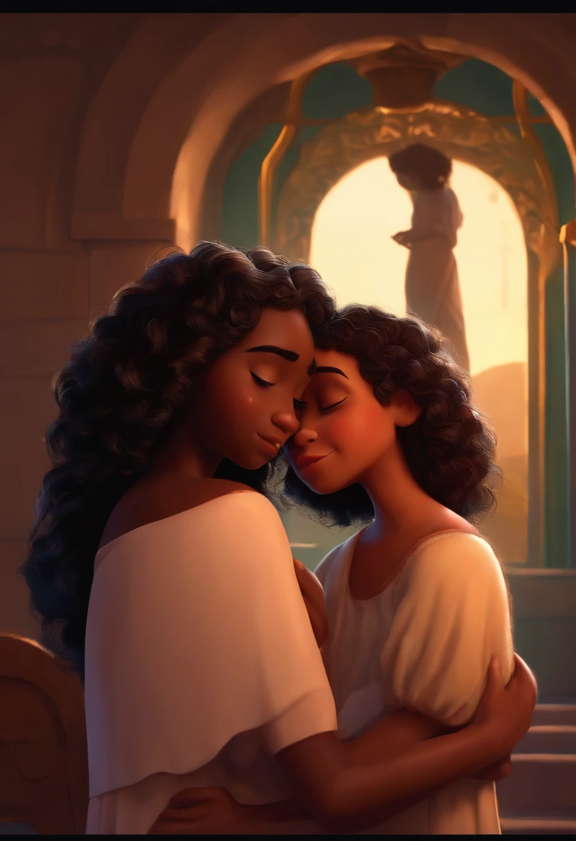 A dark-skinned girl with medium curly hair crying and Jesus comforting her inspired by Pixar animation, de perto.