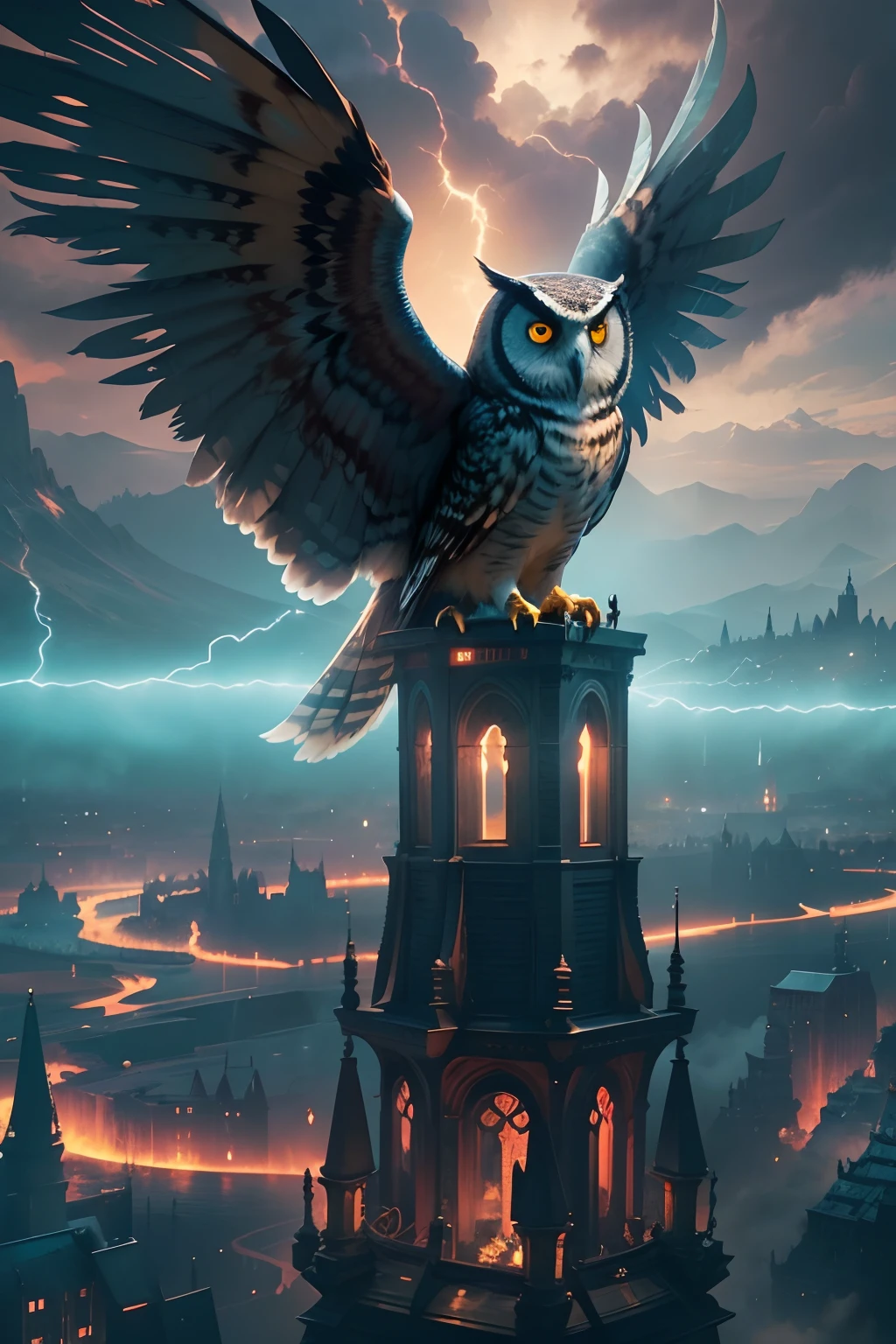 On the spire of the Gothic tower sits an owl,Close-up of owl,The background is lightning, radiant owl, glowing owl, 4K highly detailed magical digital art, Highly detailed fantasy digital artwork, Epic surrealist digital art illustrations, Highly detailed digital art, Beautiful digital artwork, Amazing digital art, 4K detailed digital art, trending on artstation 4k, 3 d epic illustrations