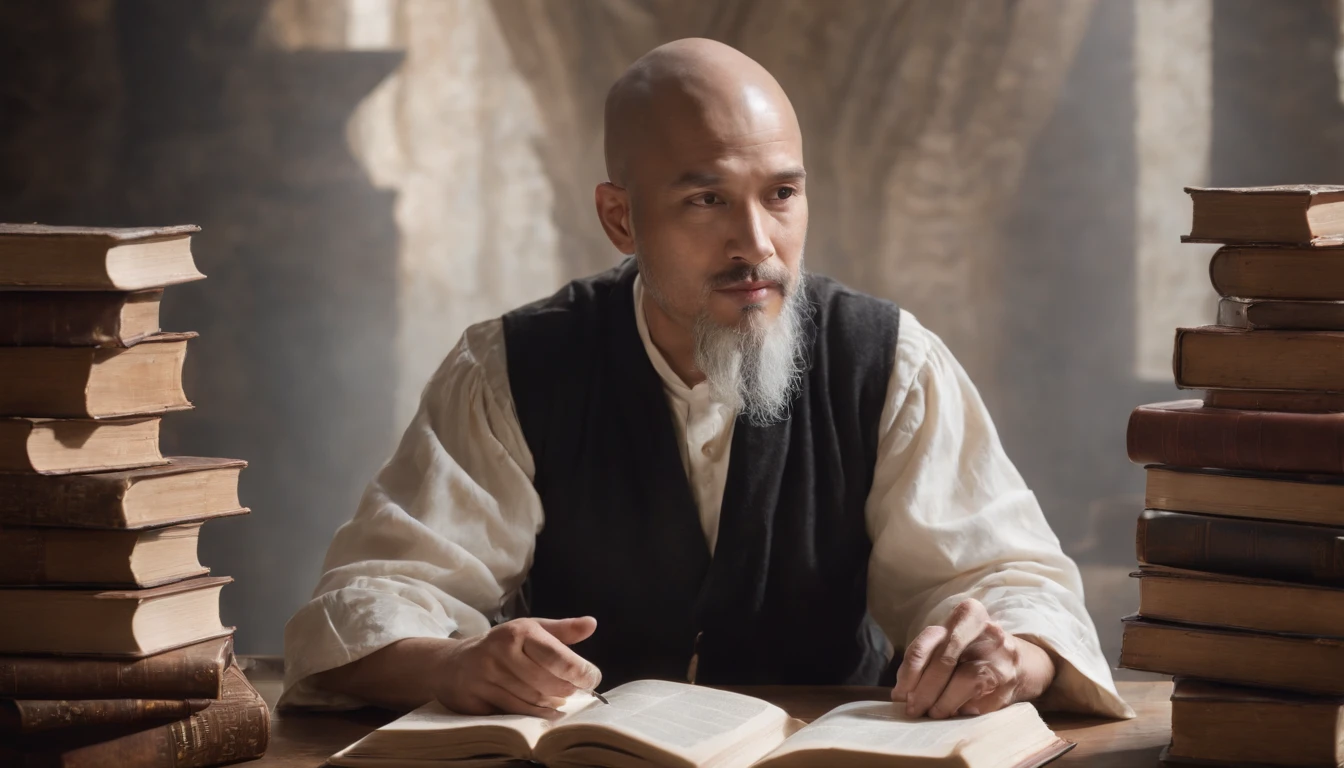 Create a surreal portrait of a man that transcends reality. His face is directed straight ahead, projecting an enigmatic and wise expression. He is bald, with distinct Asian features, radiating serenity, wisdom, and intelligence. Sporting a long beard, he is depicted sitting at a table adorned with an abundance of books, forming a surreal and magical environment. The books surround him, symbolizing his vast knowledge and profound insights. As he sits at the table, there is an otherworldly aura that emanates from him, blurring the line between reality and imagination. Use your artistic skills to bring this surreal portrait to life, capturing the essence of his transcendental presence and his profound wisdom as he immerses himself in the world of books.