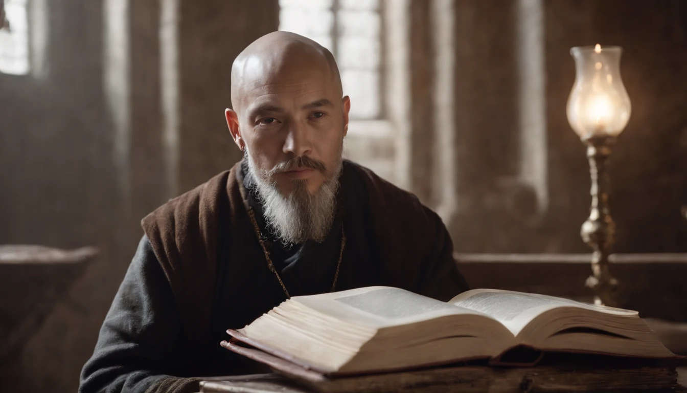 Create a surreal portrait of a man that transcends reality. His face is directed straight ahead, projecting an enigmatic and wise expression. He is bald, with distinct Asian features, radiating serenity, wisdom, and intelligence. Sporting a long beard, he is depicted sitting at a table adorned with an abundance of books, forming a surreal and magical environment. The books surround him, symbolizing his vast knowledge and profound insights. As he sits at the table, there is an otherworldly aura that emanates from him, blurring the line between reality and imagination. Use your artistic skills to bring this surreal portrait to life, capturing the essence of his transcendental presence and his profound wisdom as he immerses himself in the world of books.