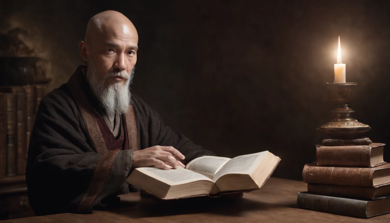 Create a surreal portrait of a man that transcends reality. His face is directed straight ahead, projecting an enigmatic and wise expression. He is bald, with distinct Asian features, radiating serenity, wisdom, and intelligence. Sporting a long beard, he is depicted sitting at a table adorned with an abundance of books, forming a surreal and magical environment. The books surround him, symbolizing his vast knowledge and profound insights. As he sits at the table, there is an otherworldly aura that emanates from him, blurring the line between reality and imagination. Use your artistic skills to bring this surreal portrait to life, capturing the essence of his transcendental presence and his profound wisdom as he immerses himself in the world of books.