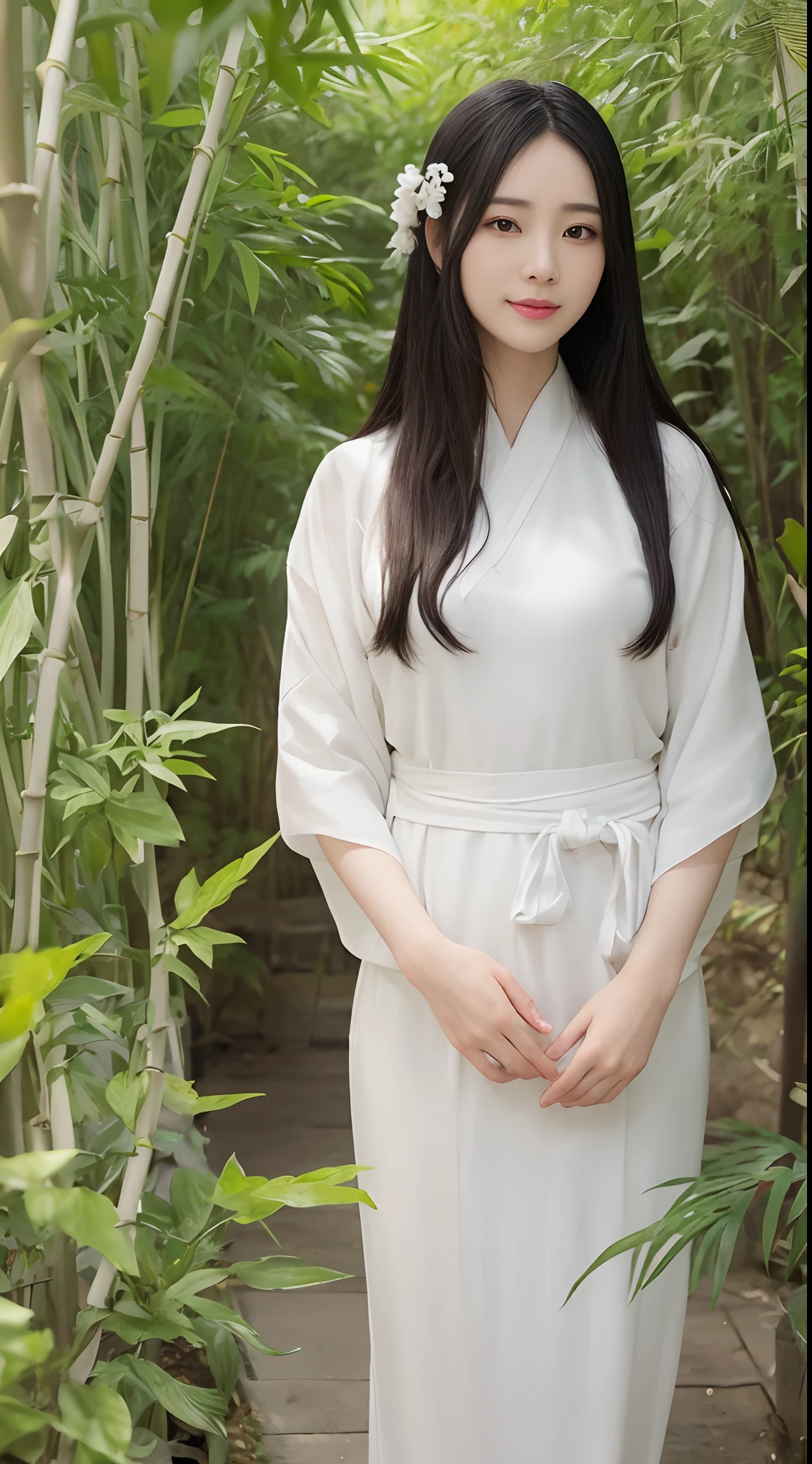 (Best quality,4K,A high resolution,Masterpiece:1.2),Realistic,White Hanfu,Long black hair,Beautiful detailed eyes,beautiful detailed lips,peaceful expression,gently smiling,In the hazy bamboo forest,ssmile,Semi-hidden paths,Dappled sunlight,tranquil ambiance,Traditional Chinese painting style,Vivid colors,Soft lighting