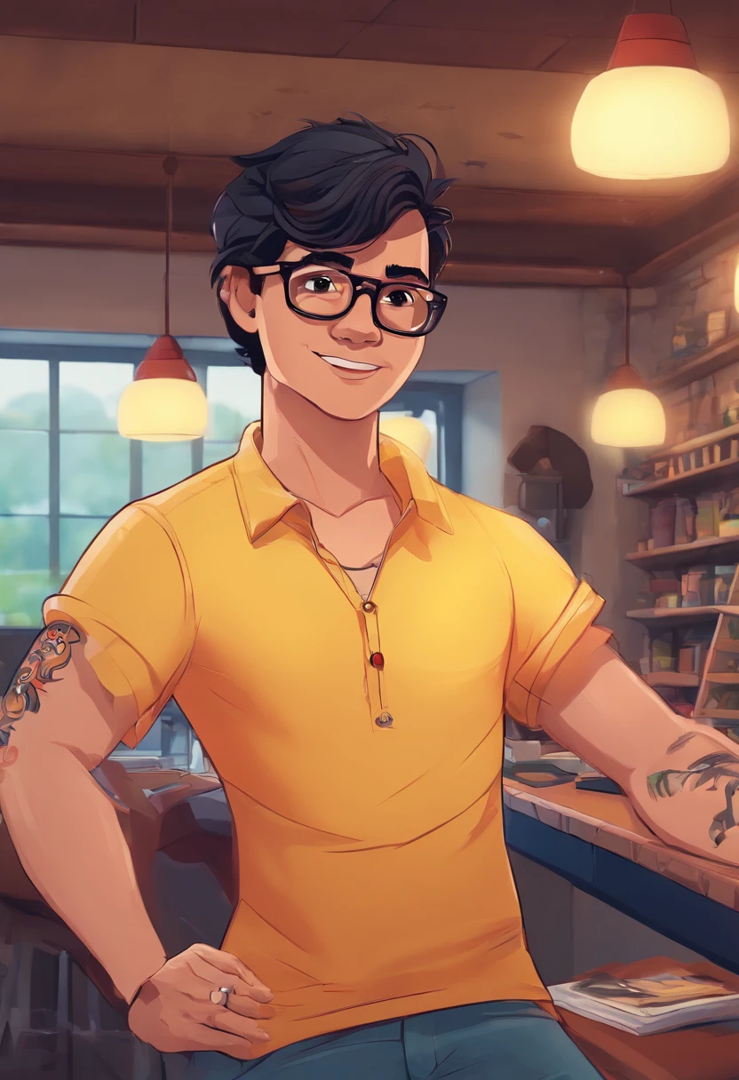 An illustration of a boy with black hair and glasses, They're in a tattoo parlor. Ilustre essa cena de uma perspectiva em que o homem esta tatuando o outro com um desenho em preto e branco. Desenvolva esta arte em Full HD, Focus on your cinematic touch, Estilo Disney Pixar Animations. Homem com camisa cinza, penteado do cabelo para o lado