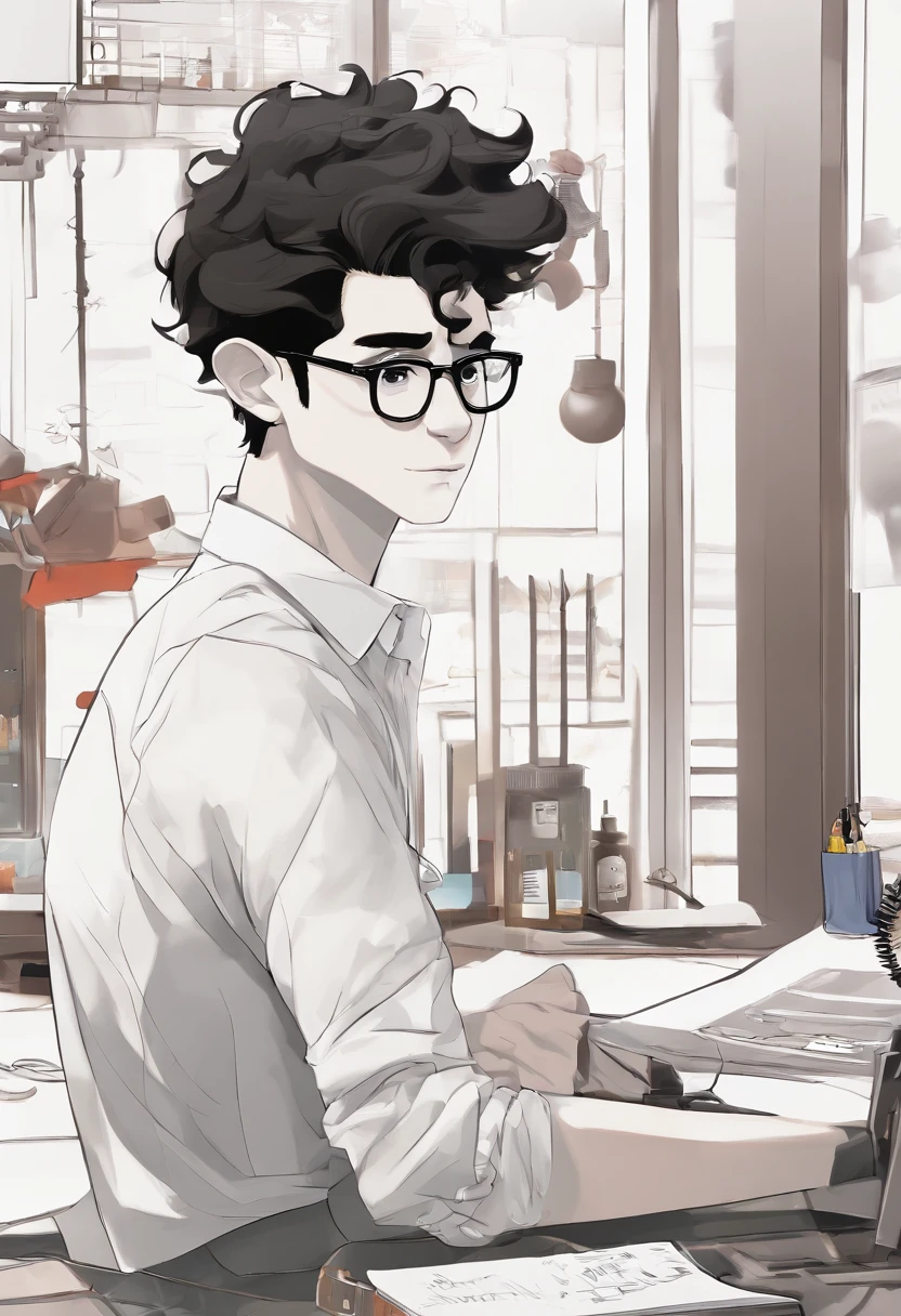 An illustration of a boy with black hair and glasses, They're in a tattoo parlor. Ilustre essa cena de uma perspectiva em que o homem esta tatuando o outro com um desenho em preto e branco. Desenvolva esta arte em Full HD, Focus on your cinematic touch, Estilo Disney Pixar Animations. Homem com camisa cinza, penteado do cabelo para o lado