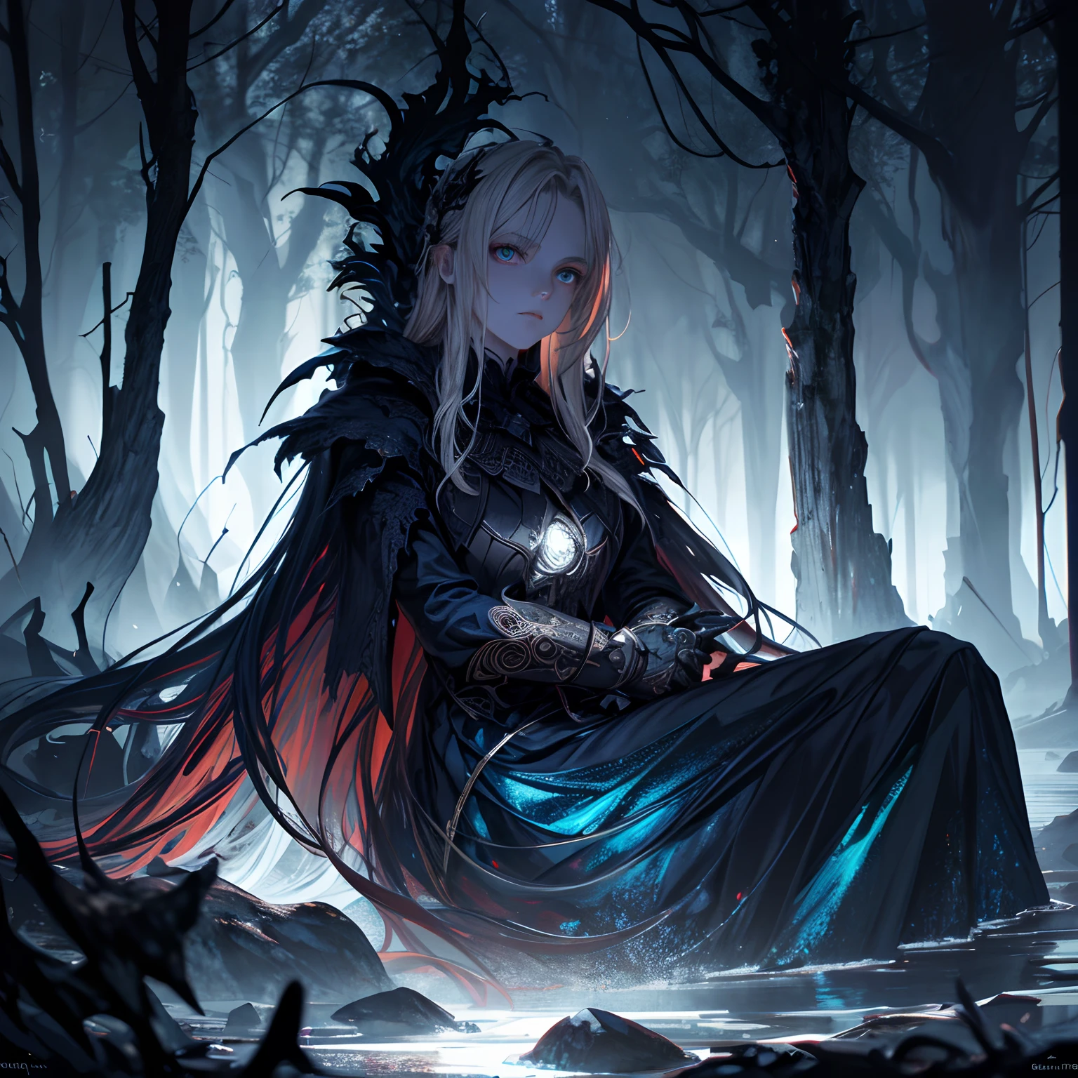 Dark island, dark light, dark environment, dark masterpiece, girl sitting in a rock, full body size, ocean dark night fantasy theme, sunrise, crimson eyes, vertical pupils, underworld, blonde hair, shy look, blue uniform, pale skin, colour grading, dark illustration, the person in the middle, extreme quality, radiant, extremely detailed, ultra-detailed face, ultra hd 8k, ultra digitality, mythical, dark lightning, concept art portrait by Greg Rutkowski, artgerm, hyperdetailed, intricately detailed gothic art, dark gothic fantasy style, triadic colours, fantastical, intricate detail, splash screen, complementary colours, fantasy concept art, 8k resolution, gothic deviantart masterpiece