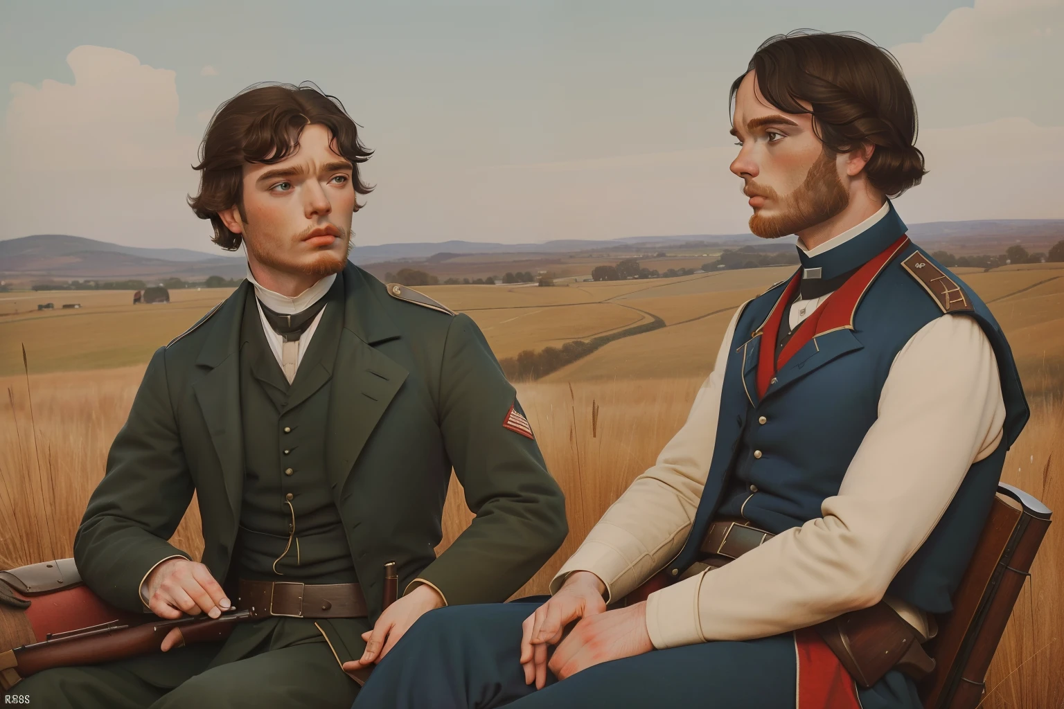 year: 1864. Location: Gettysburgh. Pre-Raphaelite (((46-year-old Richard Madden))), war, battlefield, guns, soldiers, ((((Clothing from the 1860s)))) ((Hairstyle of the 1860s)), ((("OMITB" cinematography)))
