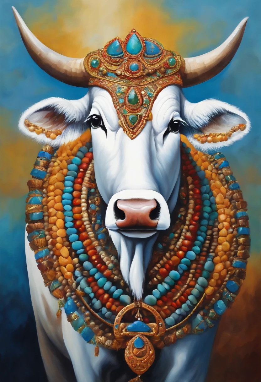 Cow spirit, Painting in national style, National tide, white backgrounid,Colored stones