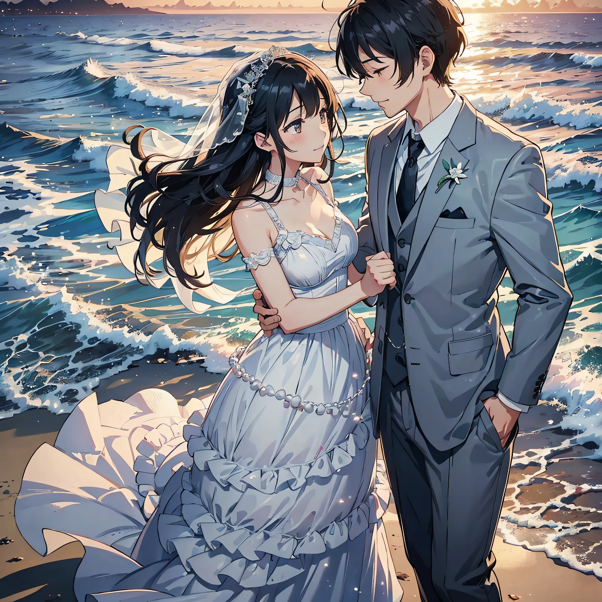 Night covers the sea，A breeze blows through the waves，The tide spreads on the beach。Lights in the distance，Like pearls scattered in the night。On the coast，A couple of lovers strolling，Soft music lingered around them，Convey deep emotions。They hold hands，Step by step on the beach，It was as if there were only two of them left in the whole world。The sea beside them，It's like the love in their hearts，Vast，Never stop。This scene after scene，It's like a lifetime，But in this love song of the West Sea，As the melody keeps emerging。Manhwa Style，4K Ultra HD , The groom in a black suit，Bride in a white wedding dress，Black hair，Delicate facial features, Clear facial features, Optimized details, (Romantic), (newlyweds:1),(Happy smile),(Clear facial features:1.5), (Wedding dress), (suit)