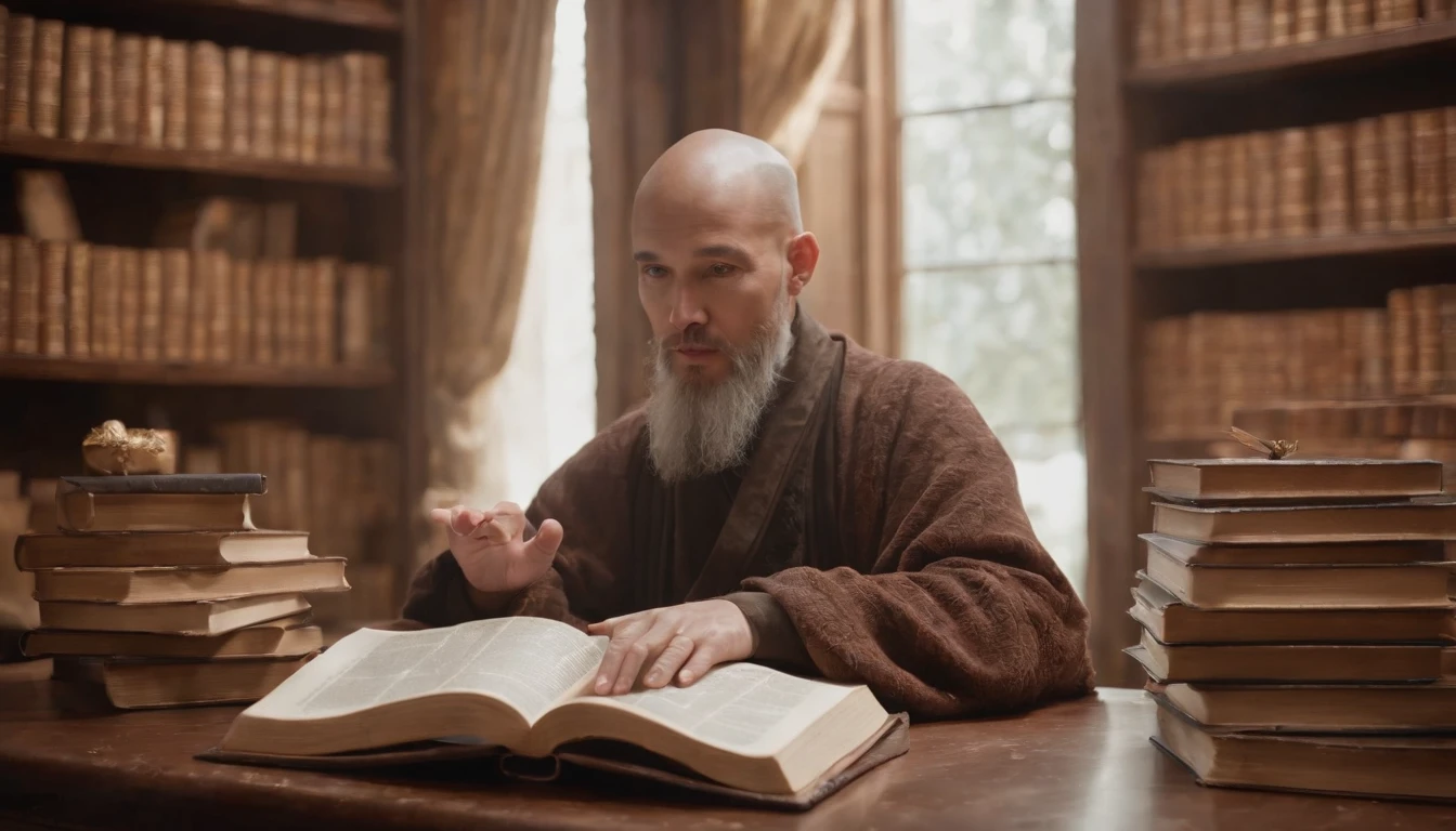 Create a surreal portrait of a man that transcends reality. His face is directed straight ahead, projecting an enigmatic and wise expression. He is bald, with distinct Asian features, radiating serenity, wisdom, and intelligence. Sporting a long beard, he is depicted sitting at a table adorned with an abundance of books, forming a surreal and magical environment. The books surround him, symbolizing his vast knowledge and profound insights. As he sits at the table, there is an otherworldly aura that emanates from him, blurring the line between reality and imagination. Use your artistic skills to bring this surreal portrait to life, capturing the essence of his transcendental presence and his profound wisdom as he immerses himself in the world of books.