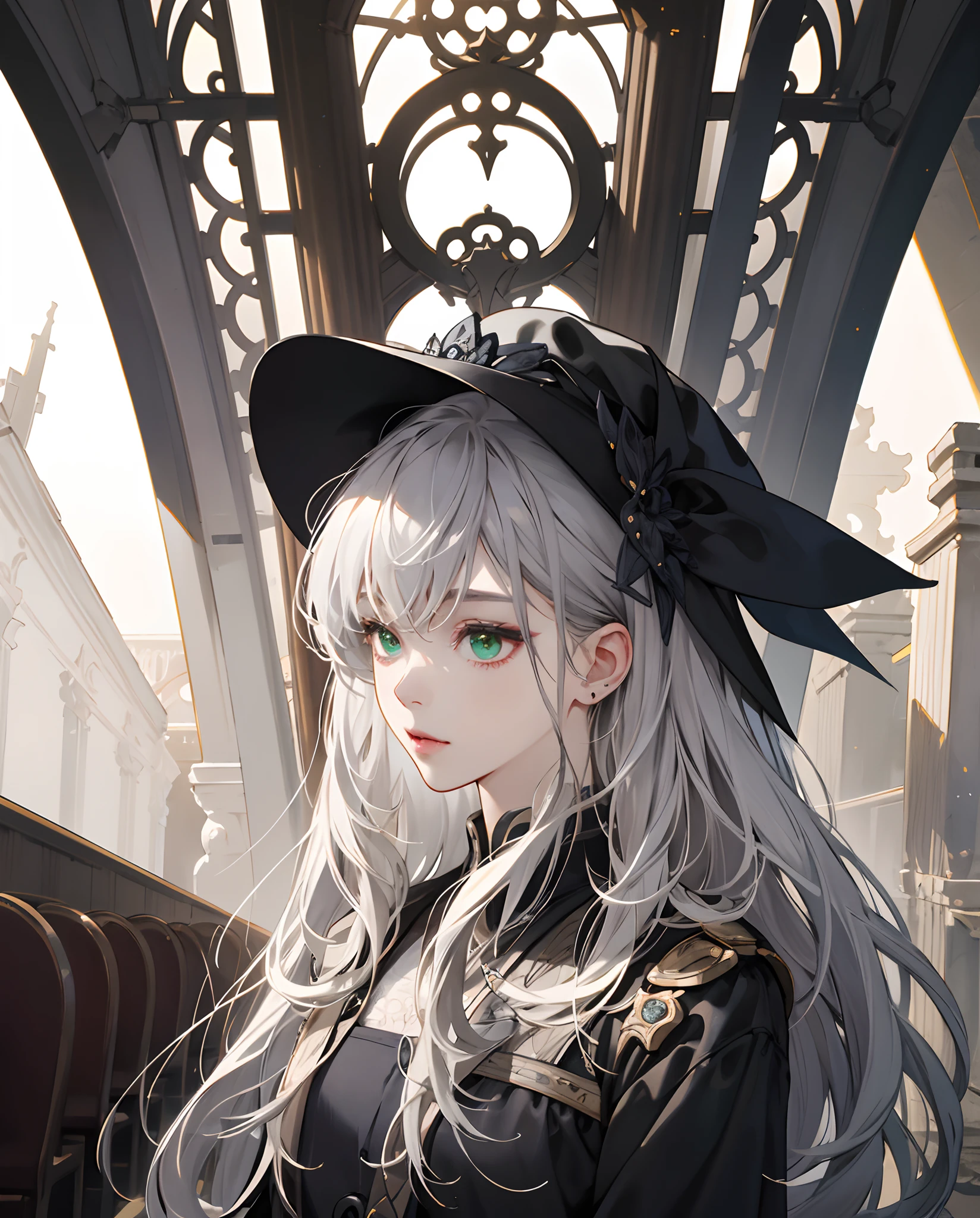 masterpiece、top-quality、teens girl、sorcerer、Gray hair、The long-haired、Emerald eyes、soio、The face is depicted in detail、Clothes are intricately drawn、background is church、Devilish figure、Shy、animesque、2D Beautiful Girl