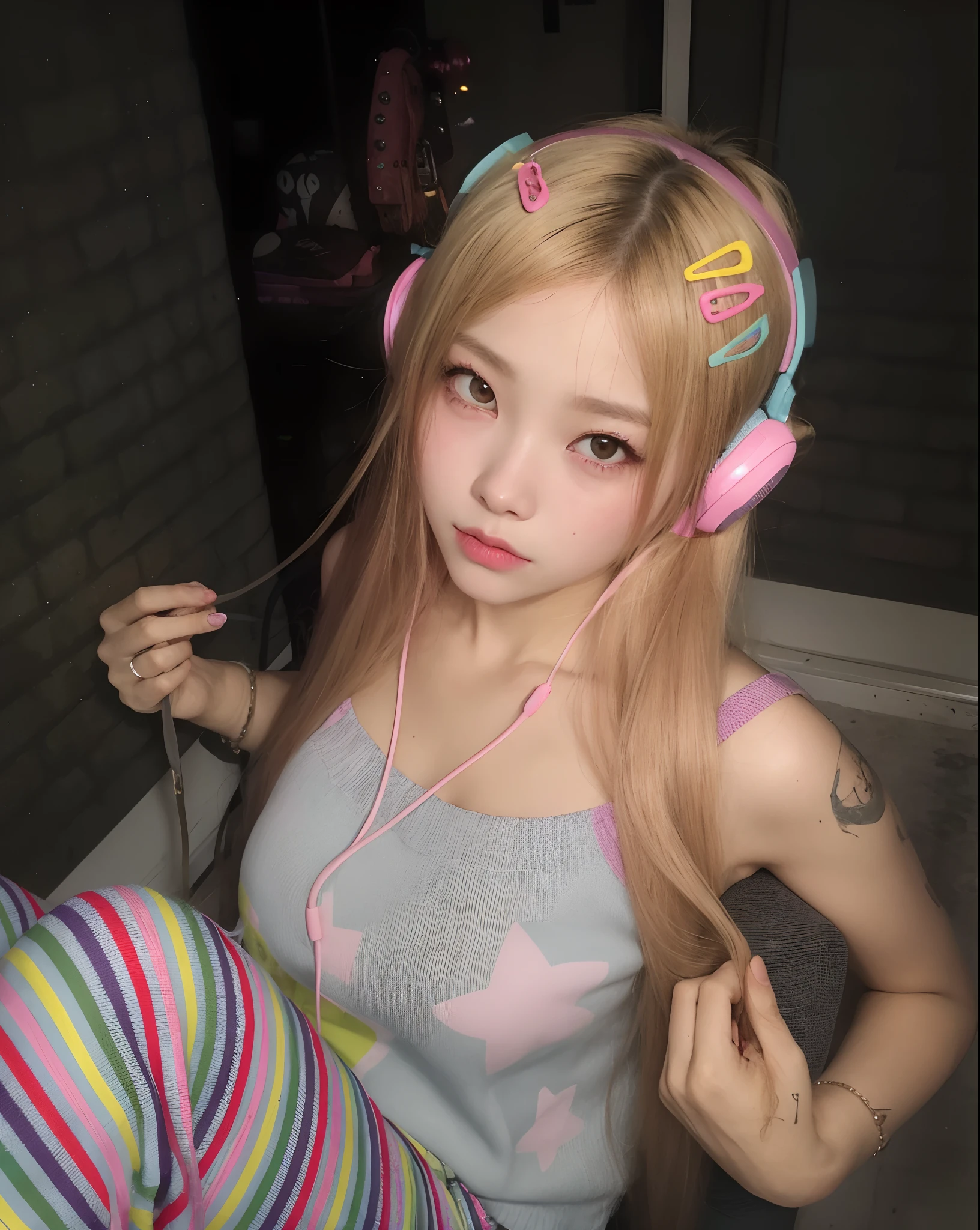There's a girl with headphones and a pair of leggings, linda Delphine, com fones de ouvido, com fones de ouvido, usando fones de ouvido de gato, e 2K Cutecore Clowncore, Fones de ouvido rosa, E - , e-meninado fones de ouvido, Ulzzang, Parque Roseanne do Blackpink, cabelo rosa twintail e olhos cianos, menina lofi