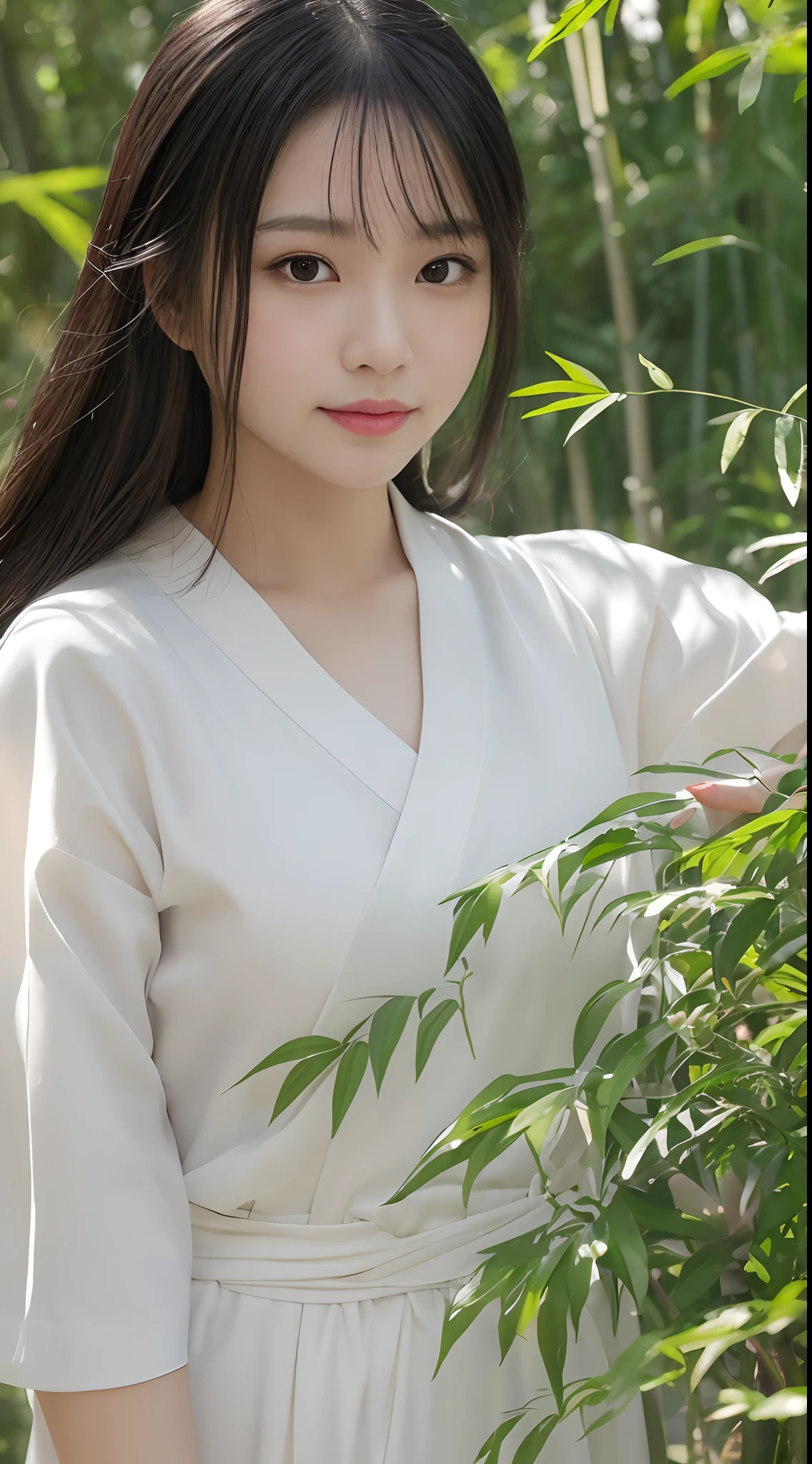 (Best quality,4K,A high resolution,Masterpiece:1.2),Realistic,White Hanfu,Long black hair,Beautiful detailed eyes,beautiful detailed lips,peaceful expression,gently smiling,In the hazy bamboo forest,ssmile,Semi-hidden paths,Dappled sunlight,tranquil ambiance,Traditional Chinese painting style,Vivid colors,Soft lighting