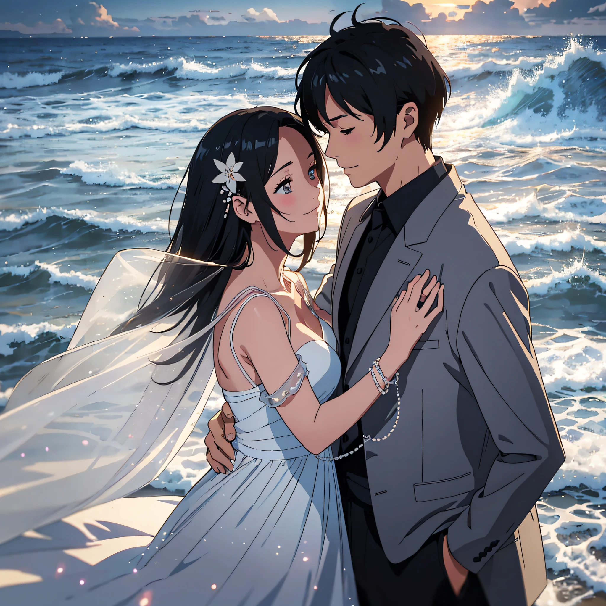 1 couple,happy,smiling,holding hands,romantic,together forever,backview,high quality,photorealistic,cinematic lighting,muted colors,dreamy,soft focus,delicate,tender moment,blissful,overjoyed,light aura,tender,heartwarming