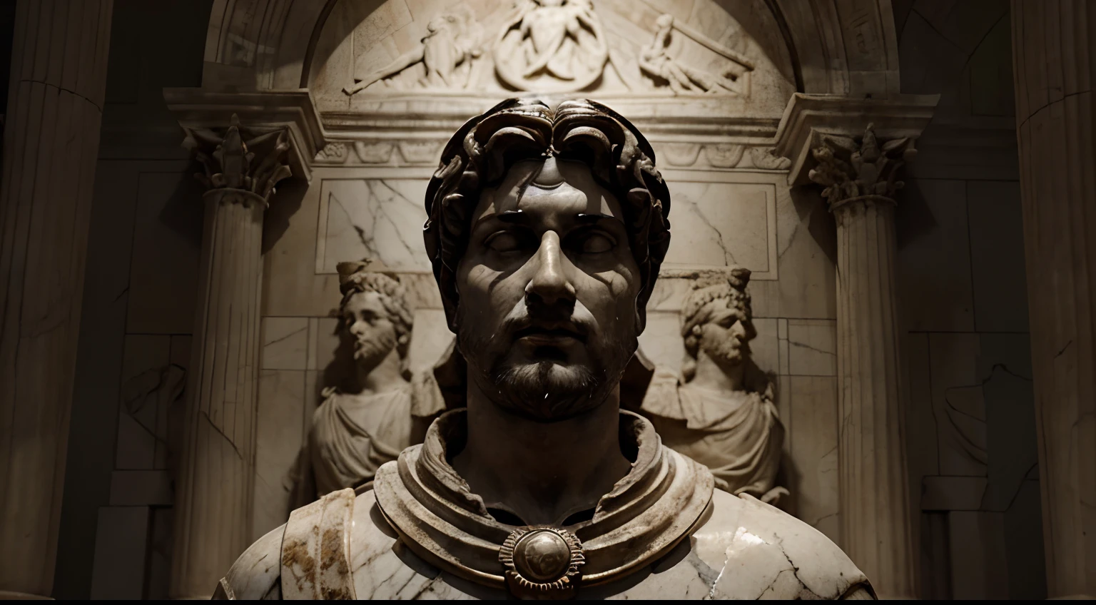 unperturbed sculpture of Marco Aurelio amidst chaos, marble material, detailed carving, tranquil expression, historical representation, ancient Rome, intricate texture, realistic lighting, museum artwork, dramatic contrast, dark background, masterful craftsmanship, classical style, monochromatic color palette