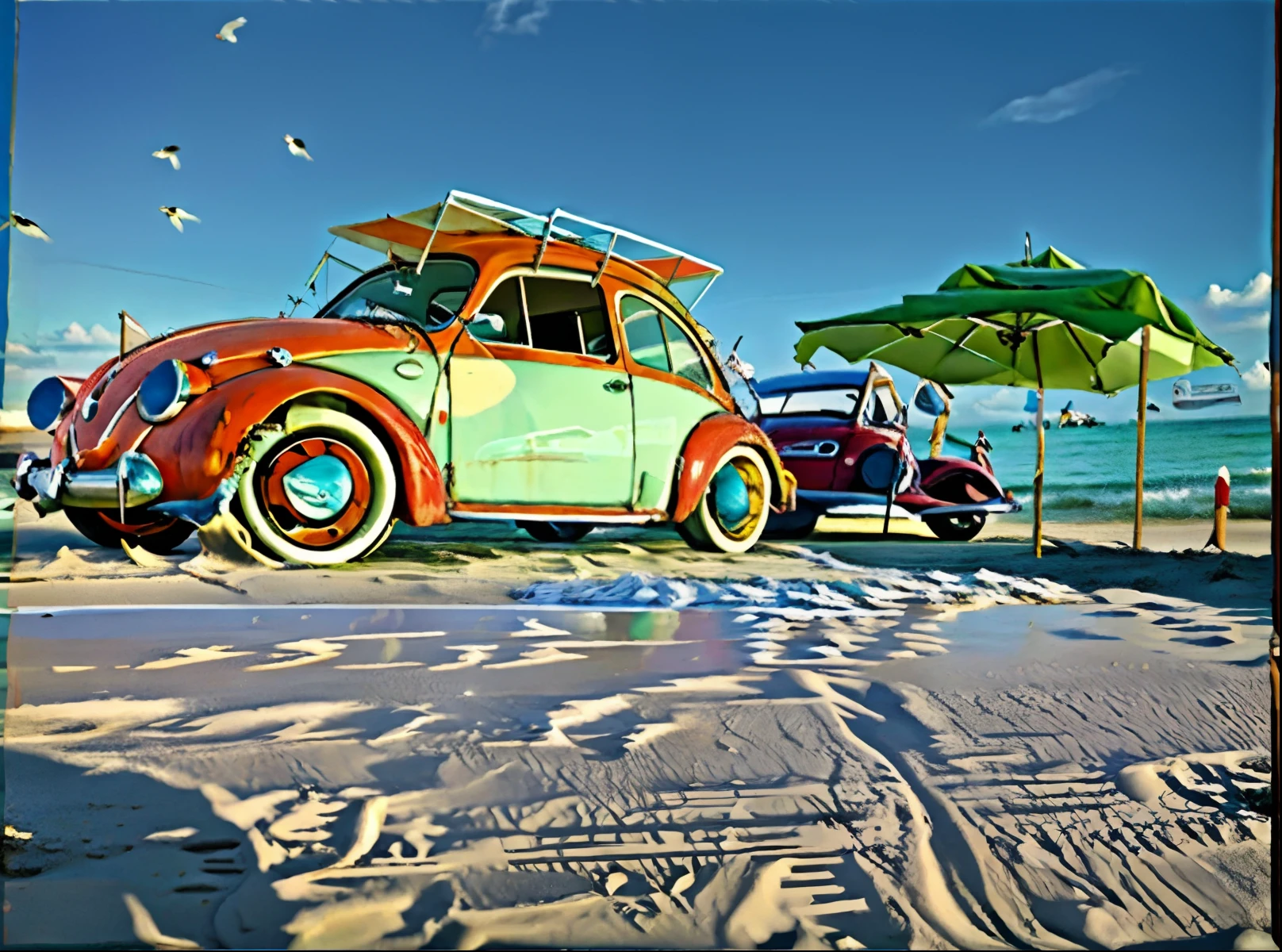 there is a "vermelho e branco" Volkswagen FUSCA estacionado na praia, (Carrinha, vermelhe branco)! areia, charrete, na areia, besouro, com rack de teto, foto do perfil, na praia, muitos "and birds flying,dia ensolarado ,Restomod, visual vintage, na praia, beach setting, in a beachfront environment, Postagem no Reddit, postprocessed), Nostalgic 512k, Inspirado no besouro