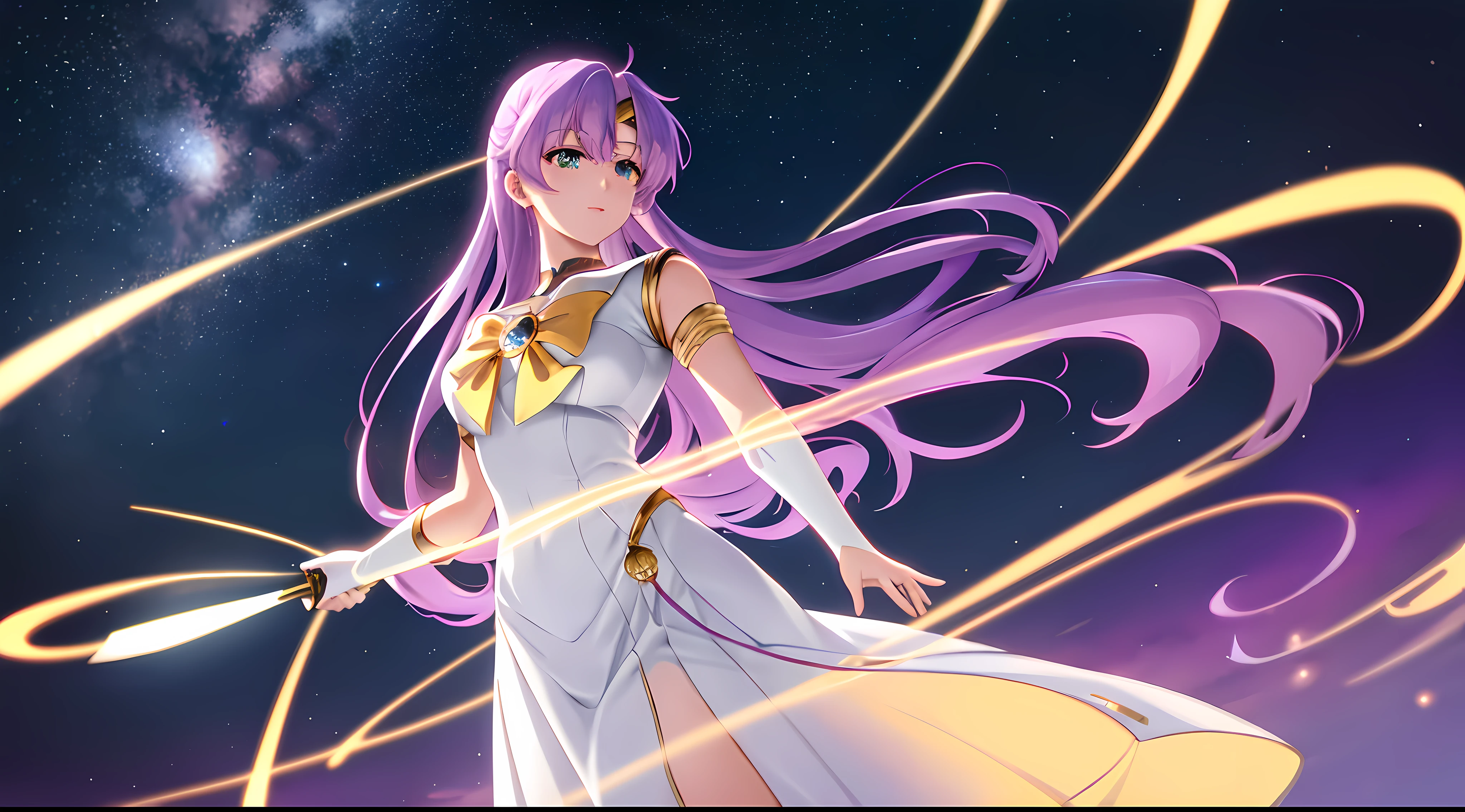 Athena with plain long light purple hair,hair between eyes,green eyes,rosy cheeks,full lips,thin eyebrows,slender body,wearing golden sailor moon uniform and full long skirt,cute anime girl,full body,big planets,night sky nebulae in background,anime style,extremely deep depth of field,Lumen Reflections,Screen Space Reflections,Diffraction Grading,Chromatic Aberration,GB Displacement,Scan Lines,Ray Traced,Anti-Aliasing,FXAA,TXAA,RTX,SSAO,Shaders,OpenGL-Shaders, GLSL-Shaders,Post Processing,Post-Production,cell Shading,Tone Mapping,CGI,VFX,SFX,insanely detailed and intricate, 4K,standing, solo, masterpiece, best quality, detailed face, detailed eyes, highres, standing, solo,masterpiece, best quality