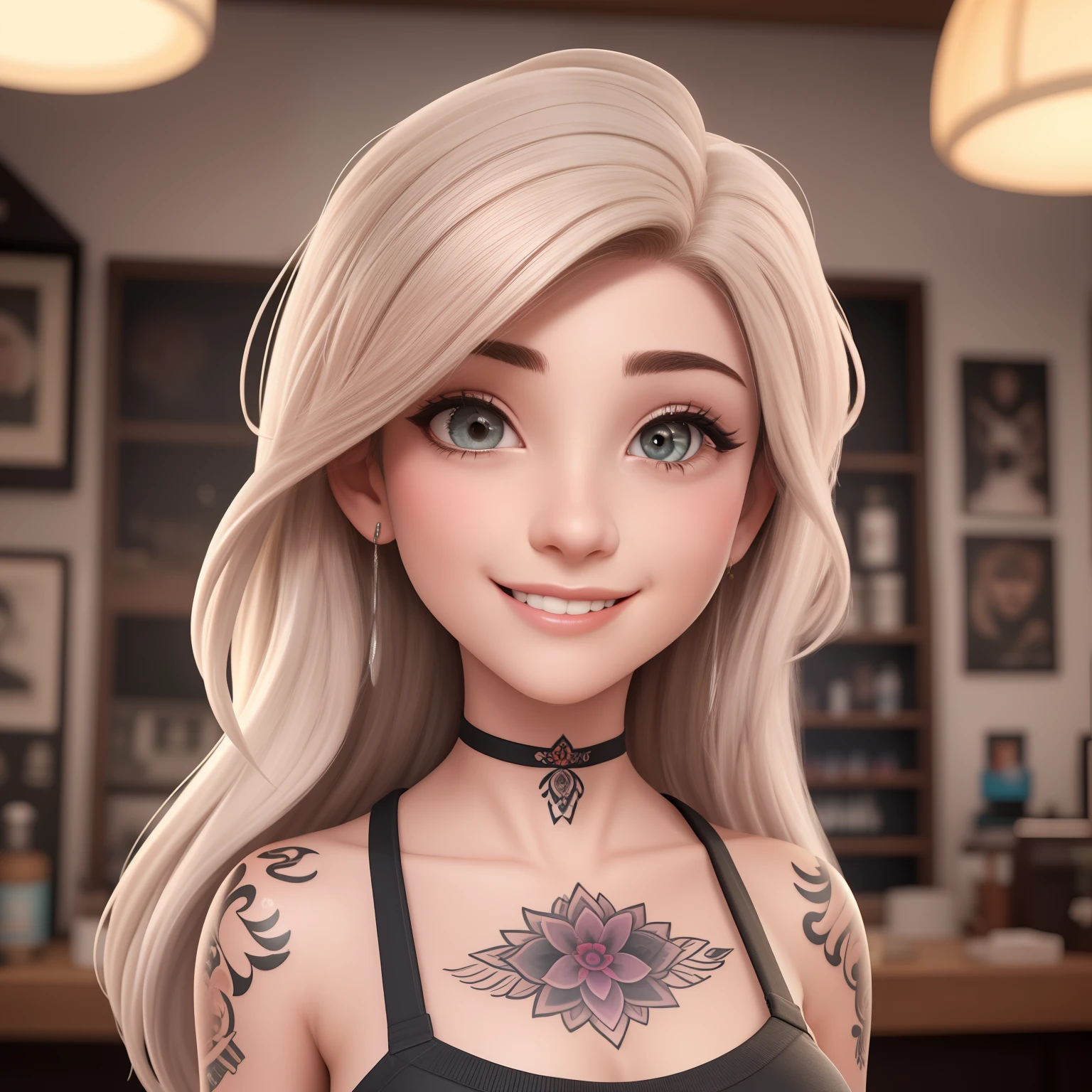 Uma mulher de 21 anos, com cabelos loiro longo ondulado, rosto redondo com sorriso encantador, e olhos castanhos claros, inside a tattoo parlor
