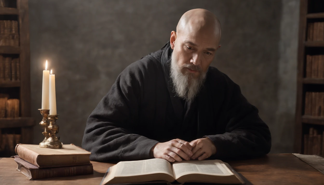 Create a hyper-realistic portrait of a man that transcends reality. His face is directed straight ahead, projecting an enigmatic and wise expression. He is bald, with distinct Asian features, radiating serenity, wisdom, and intelligence. Sporting a long beard, he is depicted sitting at a table adorned with an abundance of books, forming a surreal and magical environment. The books surround him, symbolizing his vast knowledge and profound insights. On the table, his hand with five fingers is seen engaged in reading a book, showcasing his passion and enjoyment in learning. Utilize your artistic skills to bring this hyper-realistic portrait to life, capturing the essence of his transcendent presence and profound wisdom as he immerses himself in the world of books