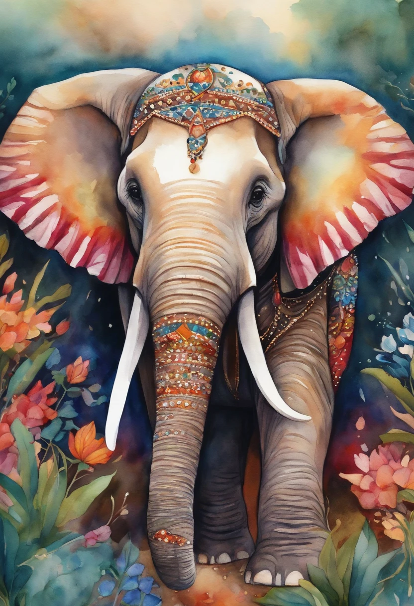 An elephant illustratio watercolor paiting Deformed Kawaii colored stones make up elephants