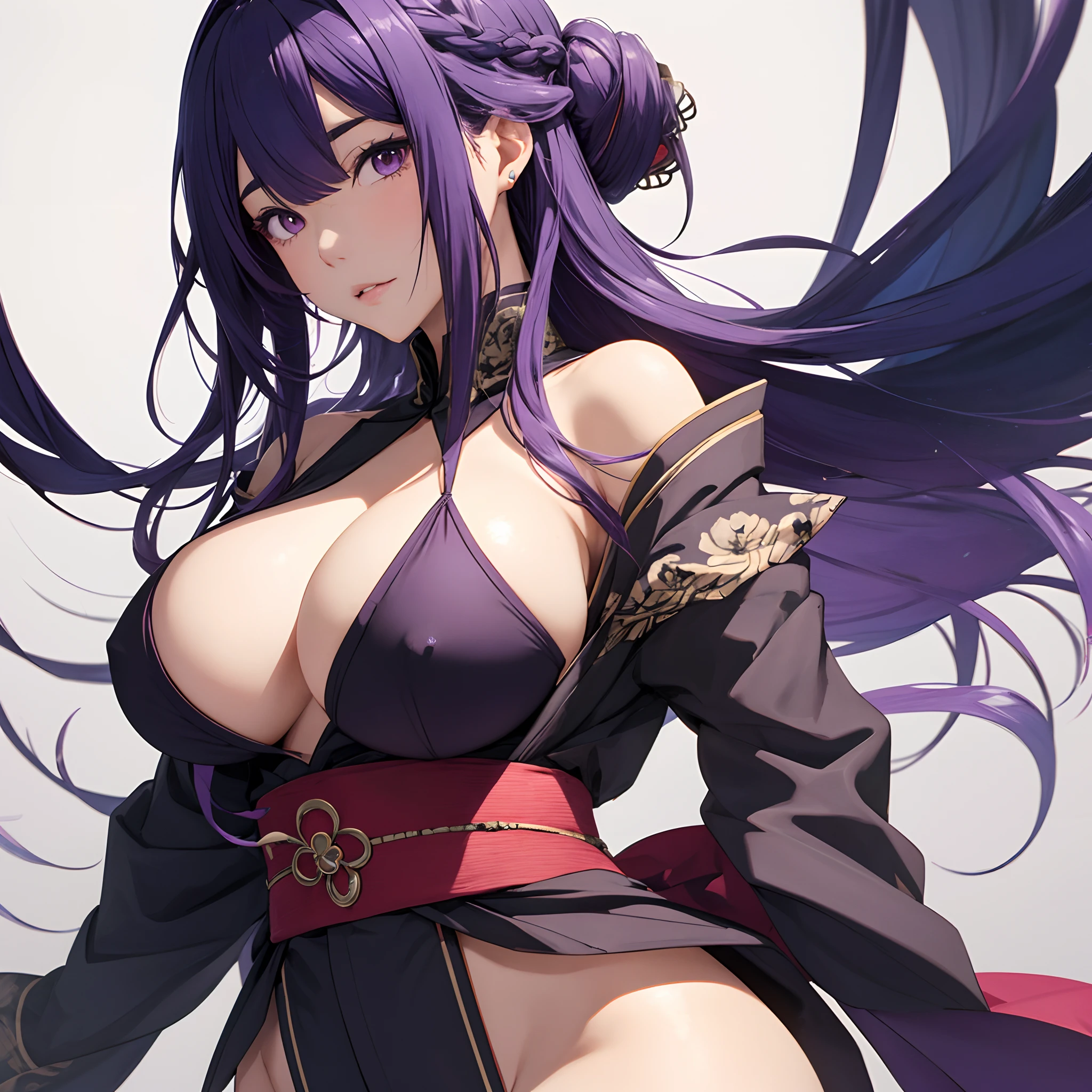 Japanese anime Woman with purple hair Center parting bangs Long huge tit Thicker eyebrows Calm face