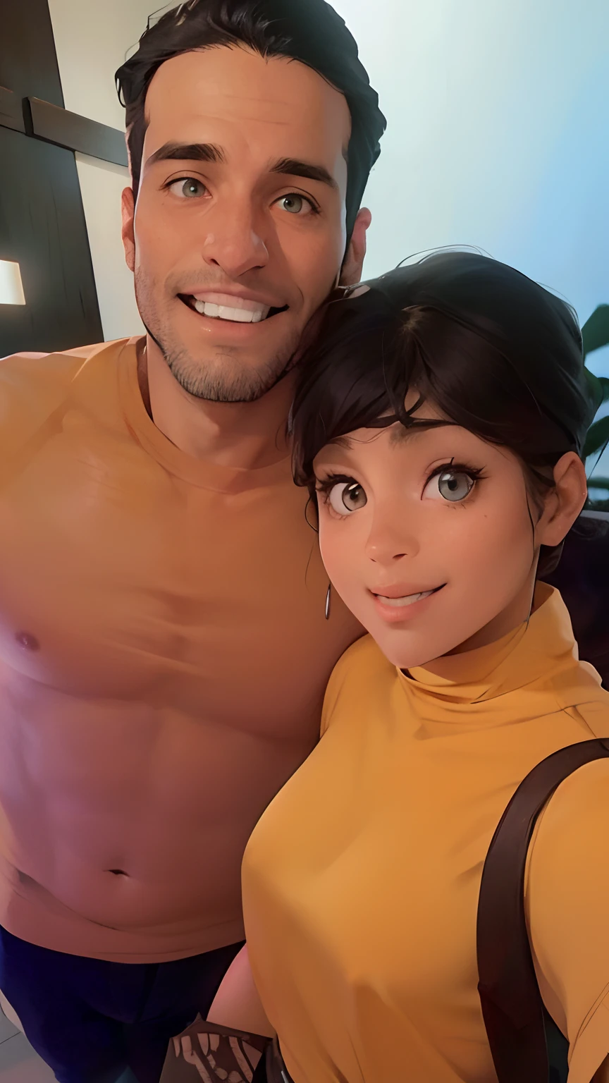 Um desenho, um casal, o homem branco com cabelos e barba cheia e olhos castanhos e sorriso aberto, alto e com rosto magro .a mulher libanesa com cabelo curto pretos. Vista frontal, detalhado, olhos pretos, Foto RAW,((Camisa Preta:1.2)), ((retrato)),casal apaixonado, casal jovem de 30 anos, Slim and mildly athletic bodies, Wear basic clothes, Homem de 30 anos, olhos castanhos, olhos perfeitos, ((fundo branco:1.2)), studio lighting, alta qualidade, Centralizado,