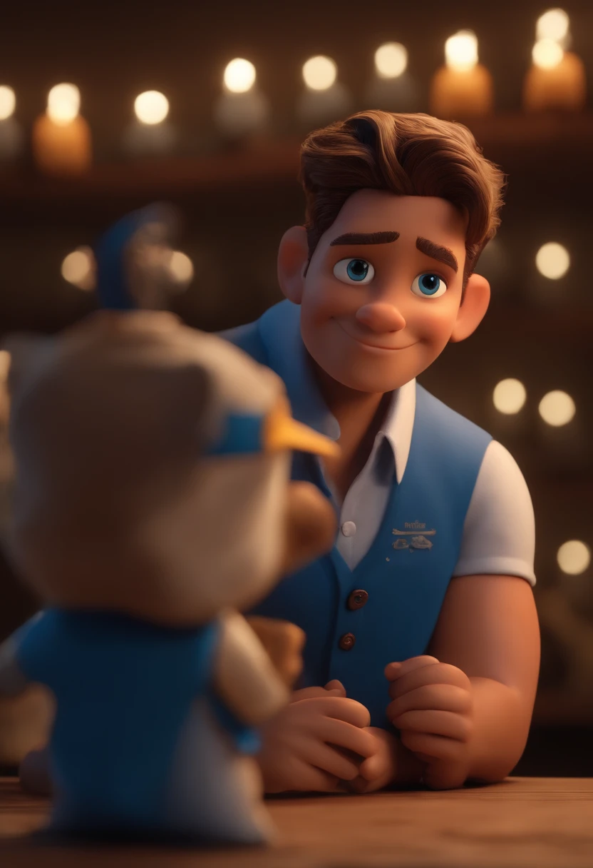 Garoto, estilo disney, tom de pele: claro:  Cabelo: marrom escuro, liso, curto, penteado para o lado direito. camisa: social, Cor azul. Fundo: Gray and white gradient,Comemorando, Hands raised, sorrindo, feliz, (estilo pixar) (obra-prima:1.2) (bokeh) (melhor qualidade) (pele detalhada) (textura detalhada) (8k) (claymation) (cinematic lighthing) (foco nítido