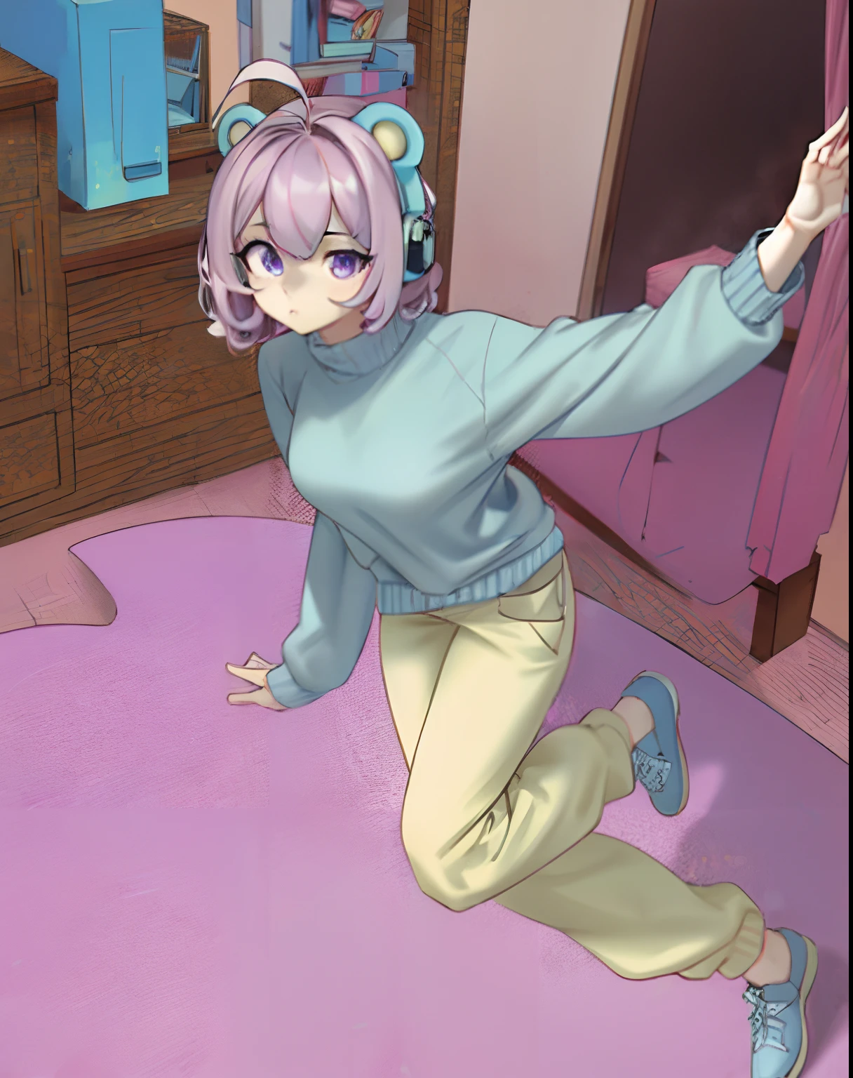 girl in a room with a pink carpet and a pink rug, Blue sweater, pastel yellow baggy pants, yellow pants, blue shoes, cyan headphones, bear headphones, pink hair, short hair, unmade hair, curly hair tips, purple eyes, beautiful eyes, white skin, ahoge, !!dynamic angle!!, trying to grab the camera, looking at the camera, 20 years old