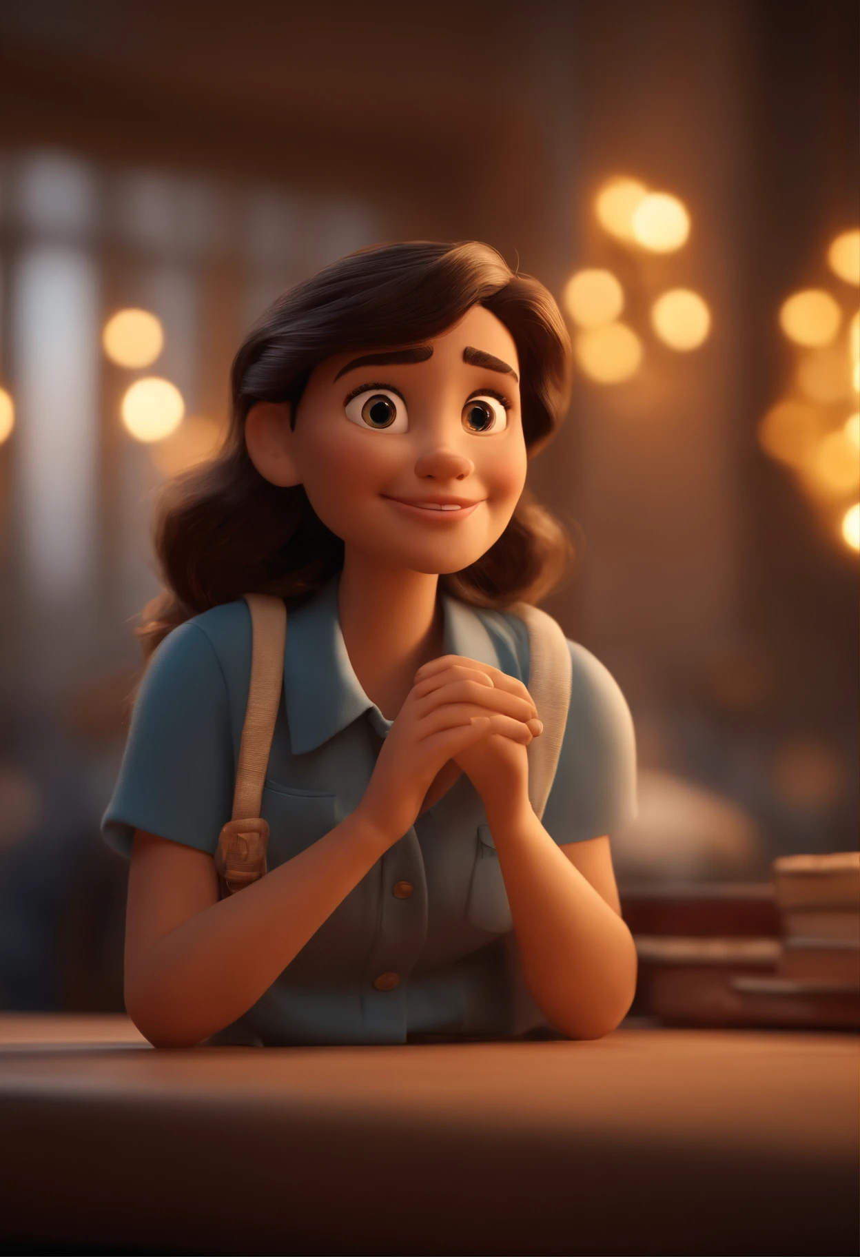 Garoto, estilo disney, tom de pele: claro:  Cabelo: marrom escuro, liso, curto, penteado para o lado direito. camisa: social, Cor azul. Fundo: Gray and white gradient,Comemorando, Hands raised, sorrindo, feliz, (estilo pixar) (obra-prima:1.2) (bokeh) (melhor qualidade) (pele detalhada) (textura detalhada) (8k) (claymation) (cinematic lighthing) (foco nítido