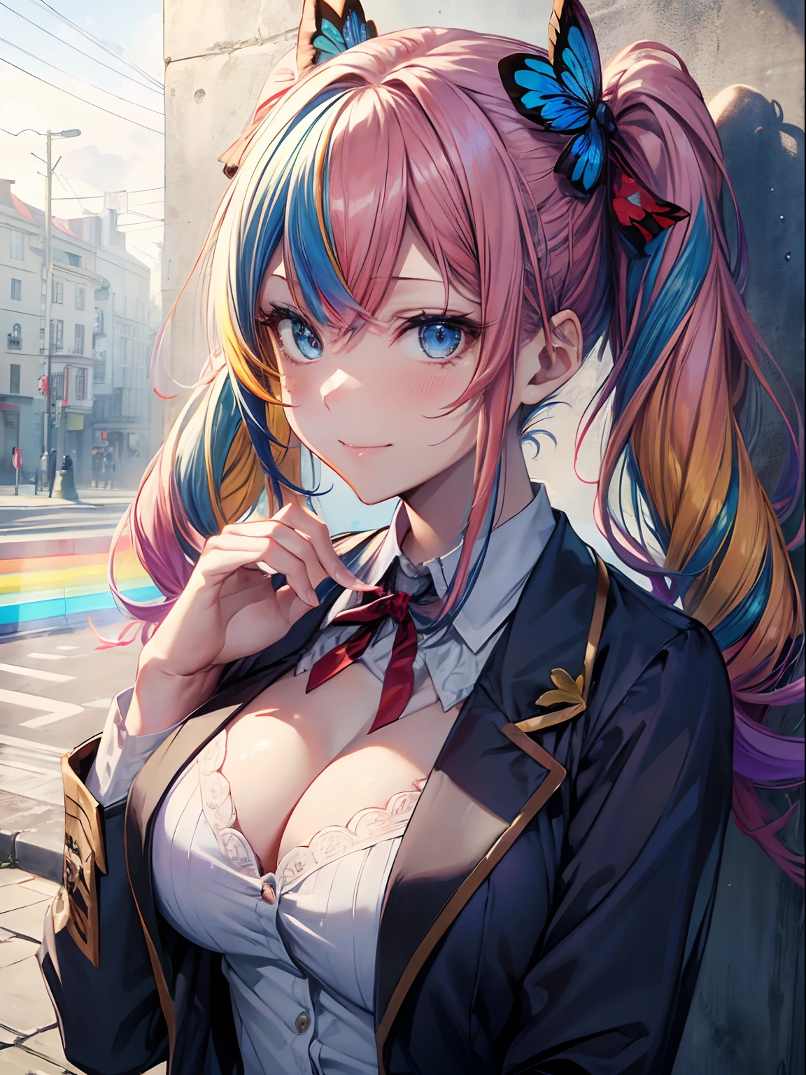 (masutepiece:1.3), (8K, Photorealistic, Raw photo, Best Quality: 1.4), Beautiful face, (Realistic face), Beautiful detailed eyes, (Realistic skin), Attractive, Intricate details,Golden ratio, 1 girl,Naughty smile, (rainbow hair:1.4),((Long twintails,Ribbon 1.4)),Schoolgirl Fashion,、Blue Blazer、(Blue butterfly hair ornament),off shoulders,cleavage,mid-riff peak,Street,graffiti wall,Dynamic Pose,Dynamic Angle,Intricate details, Hyper realistic, Perfect Anatomy