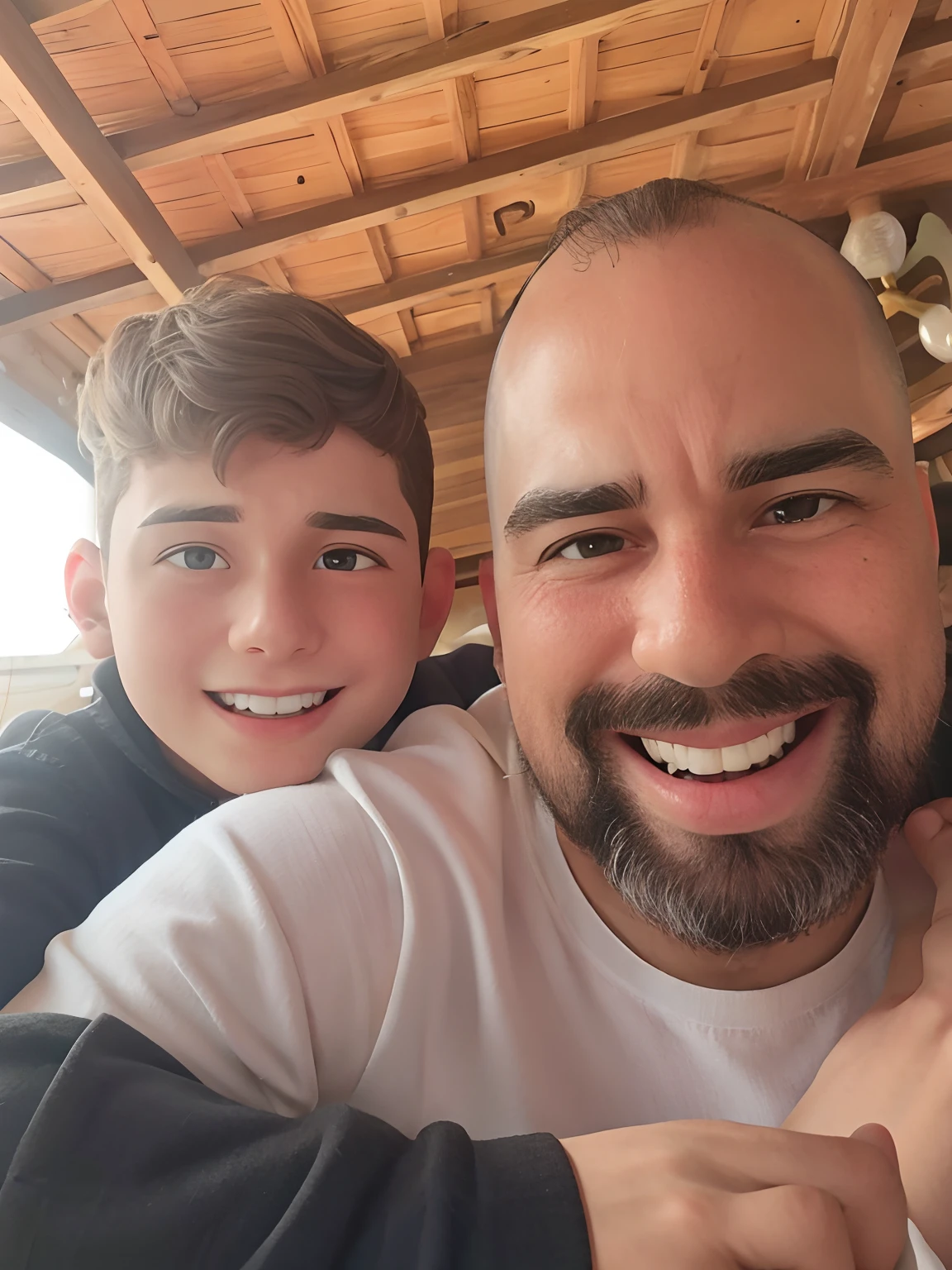 "brother with long brown hair and beard with brother with blond hair on his lap smiling, brother wants to be tall and strong, cor dos olhos castanhos claro,Little boy is seen wearing shorts, master part, Realistic, high resolution, alta qualidade, extremely high quality, best quality, Ultra Detalhado, extremamente detalhado,