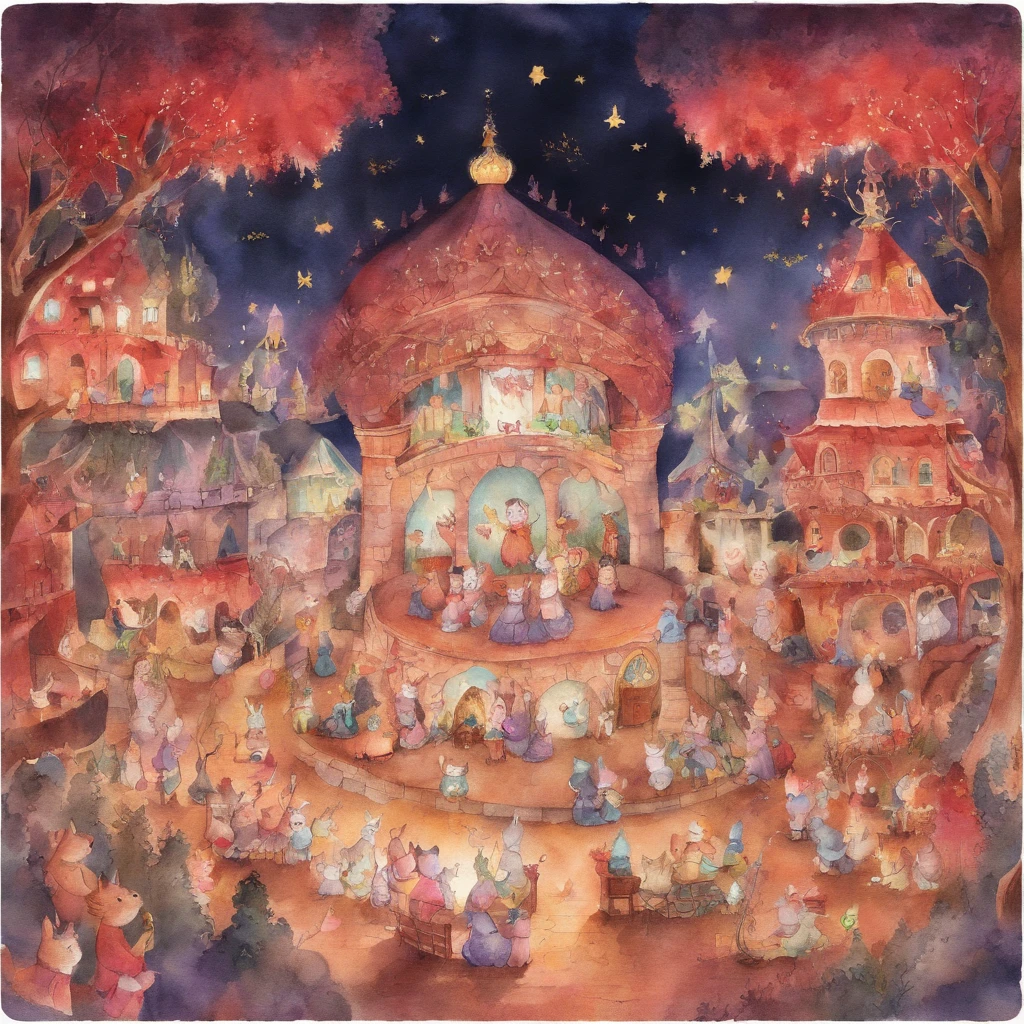 Cat Concert Fantastic atmosphere Picture book illustrations watercolor paiting Overall, the color is strong red