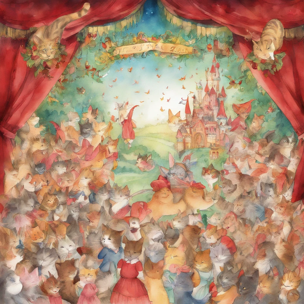 Cat Concert Fantastic atmosphere Picture book illustrations watercolor paiting Overall, the color is strong red