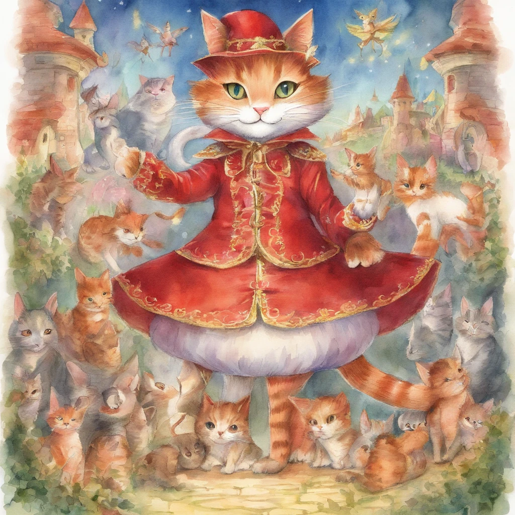 Cat Concert Fantastic atmosphere Picture book illustrations watercolor paiting Overall, the color is strong red