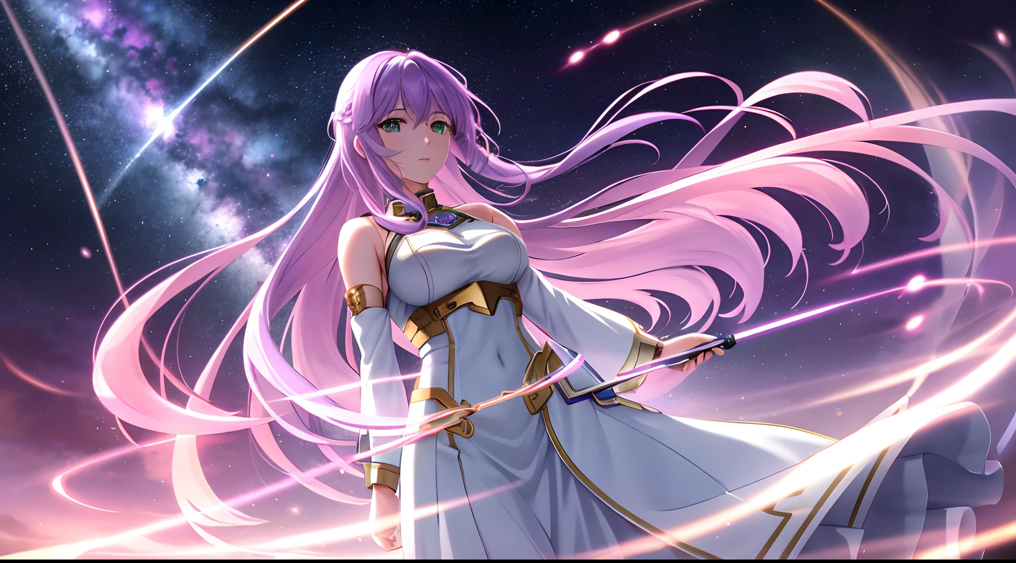 Athena with plain long light purple hair,hair between eyes,green eyes,rosy cheeks,full lips,thin eyebrows,slender body,wearing fate grand order saber dress and full long skirt,cute anime girl,full body,big planets,night sky nebulae in background,anime style,extremely deep depth of field,Lumen Reflections,Screen Space Reflections,Diffraction Grading,Chromatic Aberration,GB Displacement,Scan Lines,Ray Traced,Anti-Aliasing,FXAA,TXAA,RTX,SSAO,Shaders,OpenGL-Shaders, GLSL-Shaders,Post Processing,Post-Production,cell Shading,Tone Mapping,CGI,VFX,SFX,insanely detailed and intricate, 4K,standing, solo, masterpiece, best quality, detailed face, detailed eyes, highres, standing, solo,masterpiece, best quality