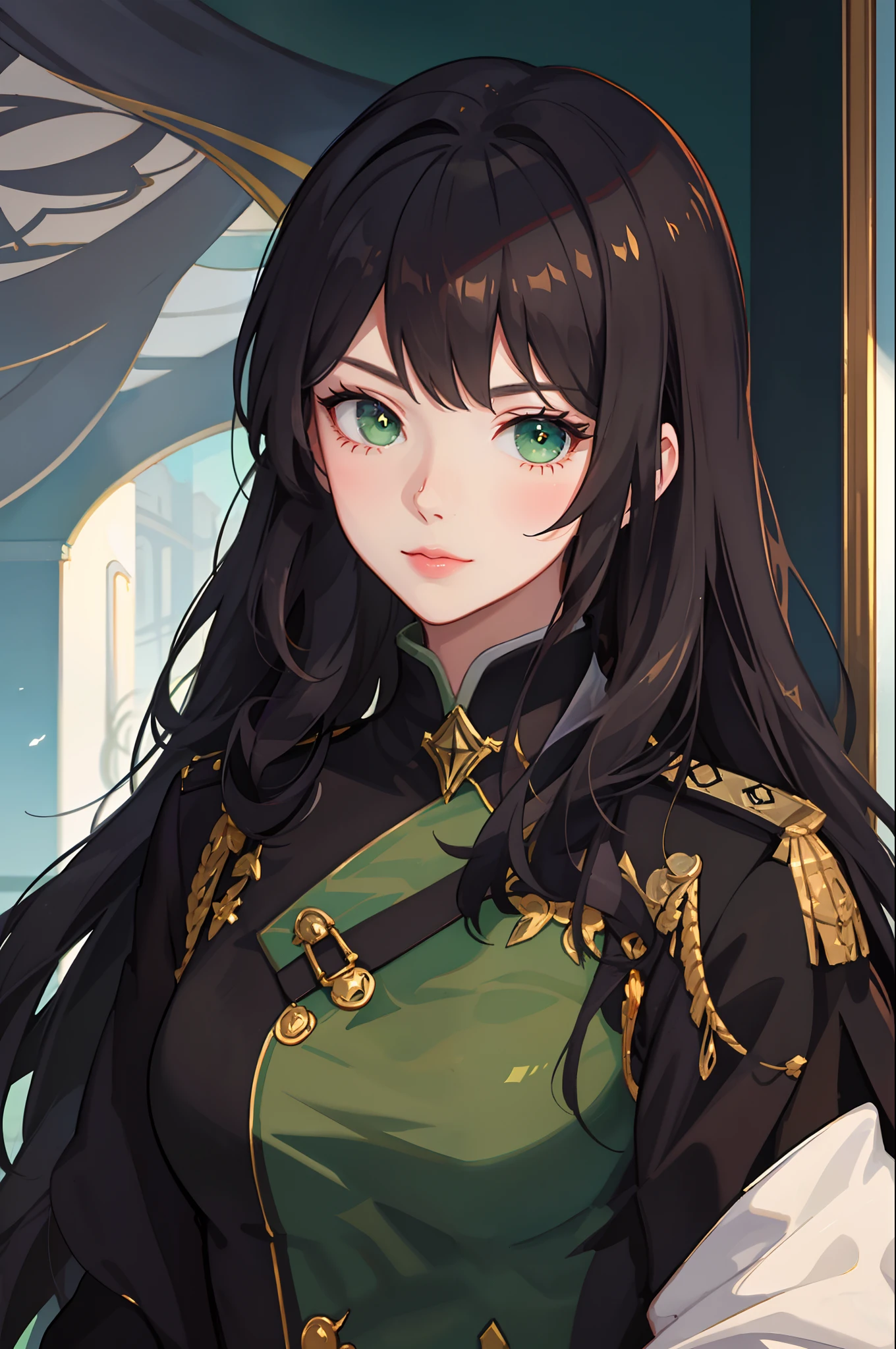 Portrait of a beautiful young woman, villain, green eyes, black long hair, square, black and green general's uniform,