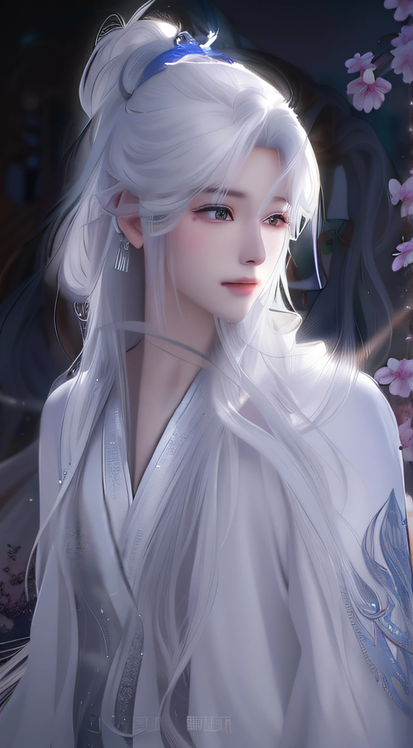 A woman with white hair and blue eyes wearing a white dress - SeaArt AI