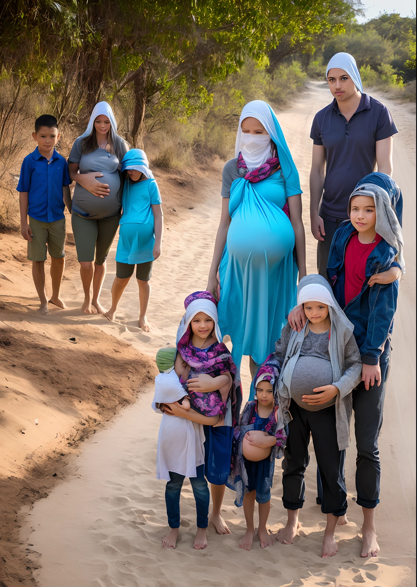 Pregnant woman with cloth tied around her head on a sandy road with a daughter on her left side and three small boys on her right side