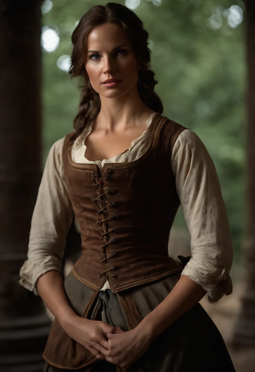 (((Masterpiece, highest quality, high definition, high detail)))), Lara croft if she lived during the 1700s. Hot, sexy, tomb raider, the 1700s she has the same style as tomb raider nowadays, but she is using the 1700s clothing. Beautiful, form fitting, fit, 8k, high-quality, historically accurate, full body shot. Make sure she is only wearing clothes that would be found during the 1700s. Have her wear 1700s clothes, but keep her sense of style.
