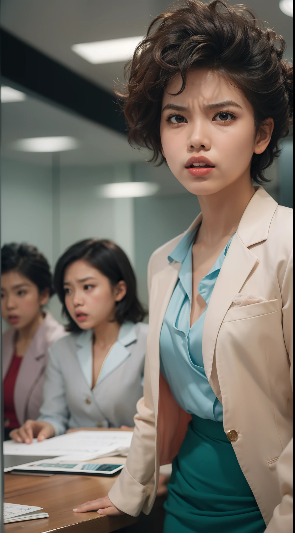 Malay girl standing angrily in meeting room angry, both hand on desk, very short curly hair, curly hair, angry pose, angry face, meeting room, morning, red pastel office suits outfit, blue suits, small tits, small breast, flat chest, wide waist, thick thighs, bright lighting, white lighting,