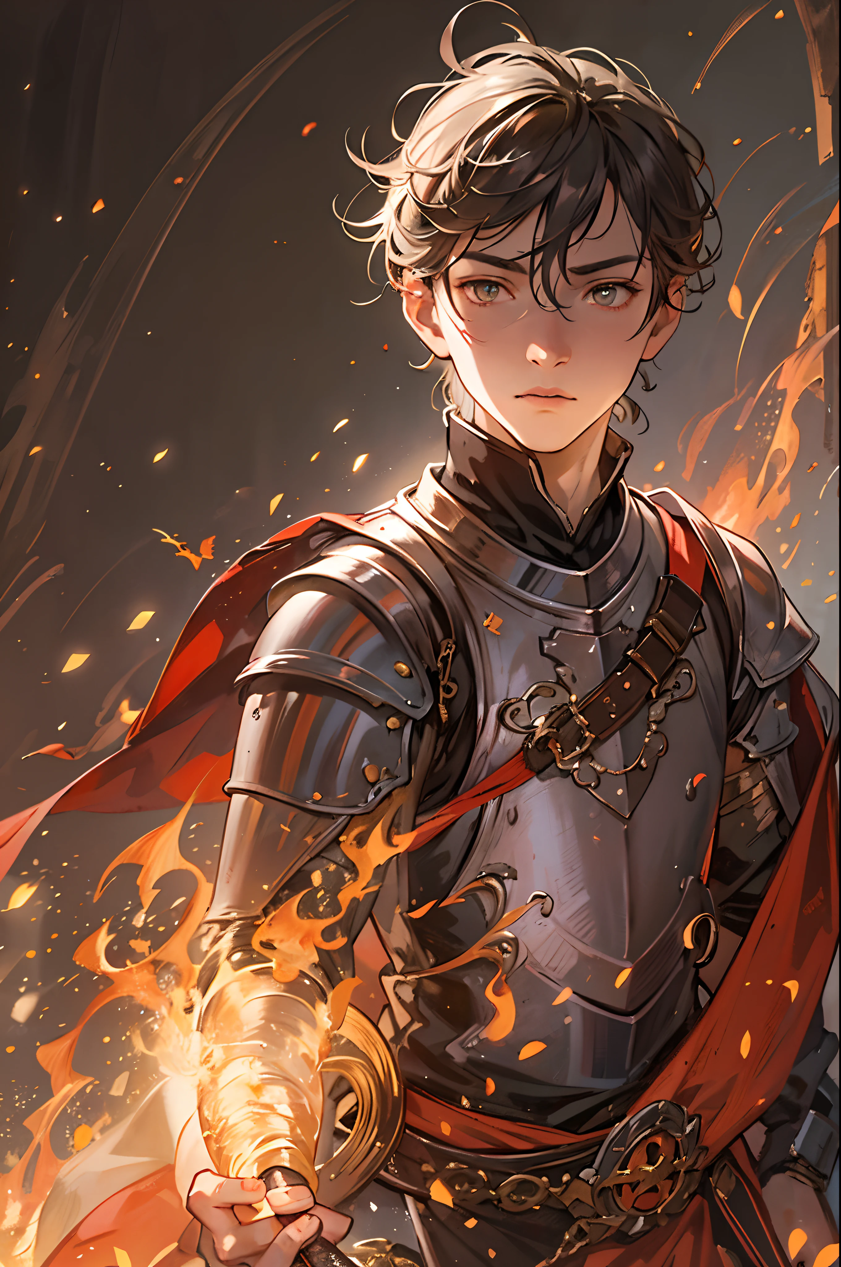 A -yeld tea boy swordsman, holding an medieval sword, height 1.7m, weight 70kg, light skin tone, without a beard, without a goatee, no facial hair, no body hair, brown hair color, straight hair, pointed ears, medieval knight's silver armor, red clothes, he stands engulfed in a cascading torrent of flames, the fire's heat tempered by an otherworldly energy, as the magical fire spirals and dances, it conjures a swirling dance of luminous particles, each a fragment of his ethereal aura, arcane symbols materialize in midair, their glow casting an eerie light on his intense focus