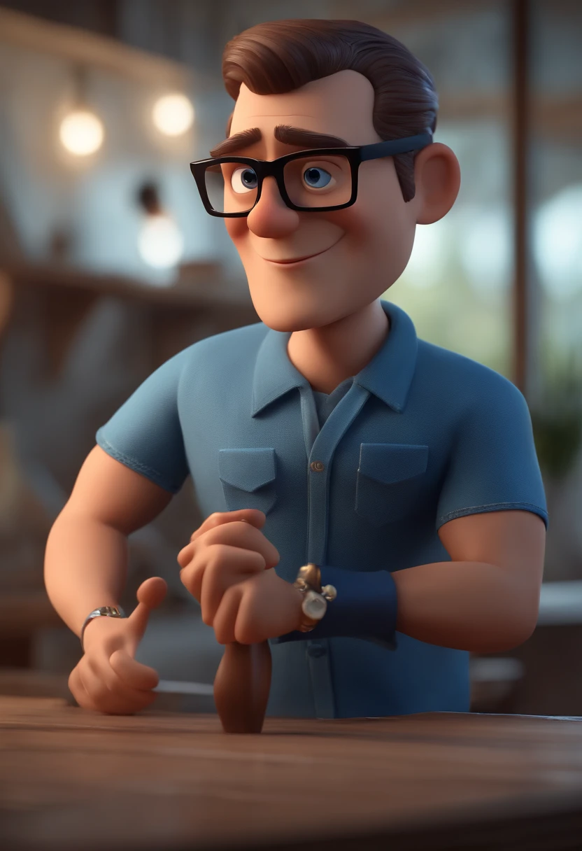 Cartoon character of a man with black glasses and a blue shirt, animation character, Caractere estilizado, animation style rendering, 3D estilizado, Arnold Maya render, 3 d render stylized, toon render keyshot, Personagem 3D, Personagem 3D, 3d rendering stylized, 3 d character render, personagem de desenho animado, Personagem de close up, Pose de personagem, (Estilo Pixar) (master part:1.2) (Bokeh) (best quality) (pele detalhada) (textura detalhada) (8k) (argila) (Cinematic lighting) (foco nítido